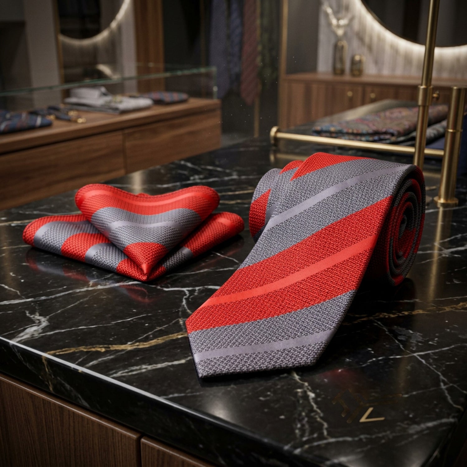 Striped Necktie & Square Collection — Pink/Grey, Red/Grey, Blue/Brown