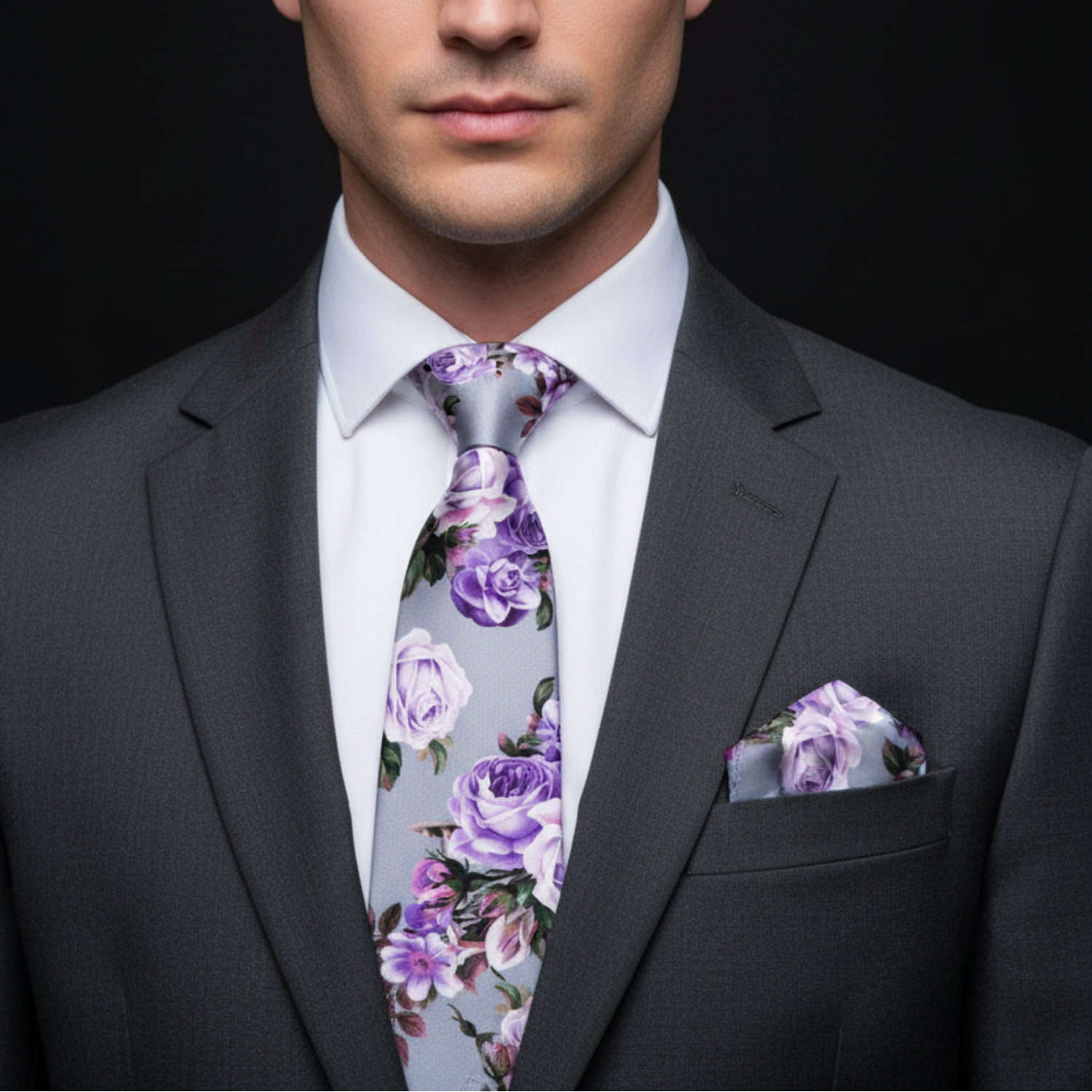 Bold Roses Floral Necktie in Gray, Pink, Black & Cabernet Tones