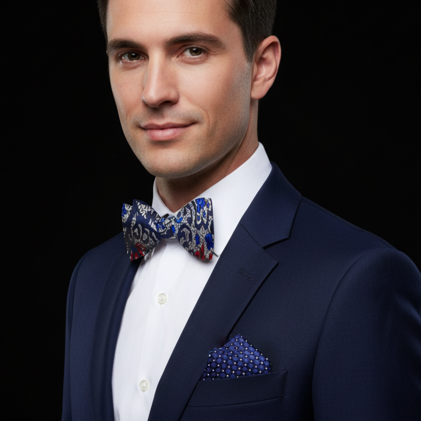 Man wearing a navy suit with a Grey and Blue with Red Floral Bow Tie and Square on man