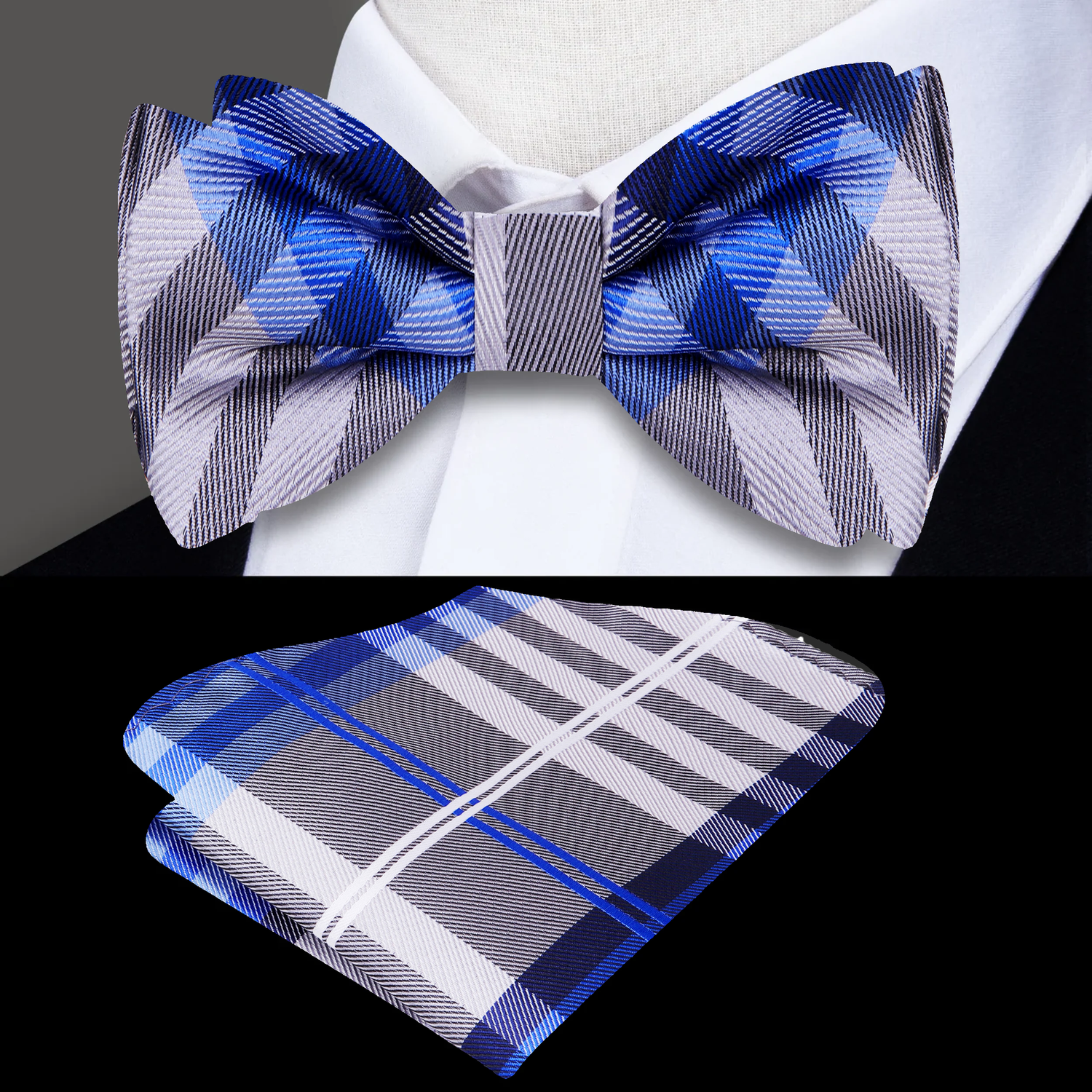 Main: A Grey, Blue, Black, White, Plaid Pattern Silk Self Tie Bow Tie, Matching Pocket Square