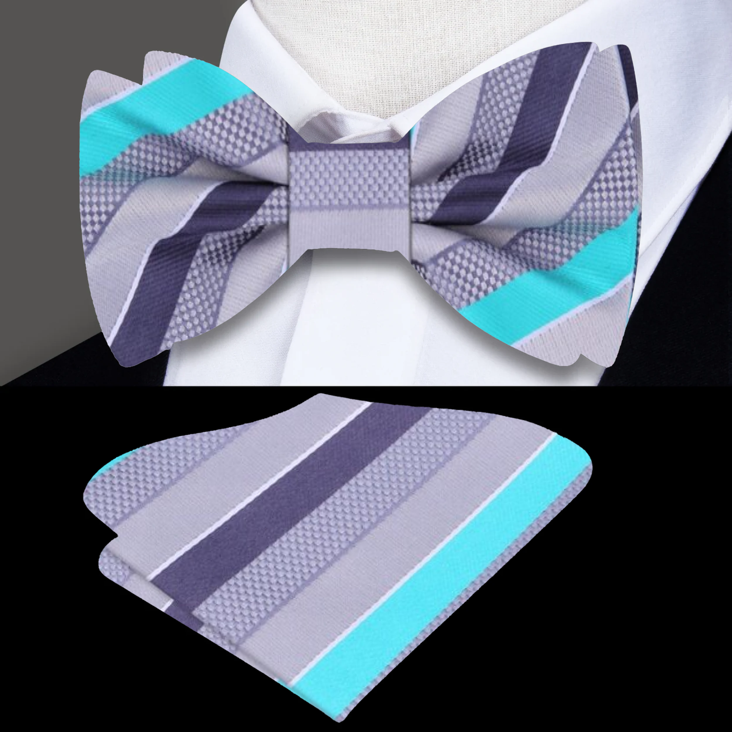 Light Grey, Silver, Orbit Purple, Blue Fury Stripe Bow Tie with Square