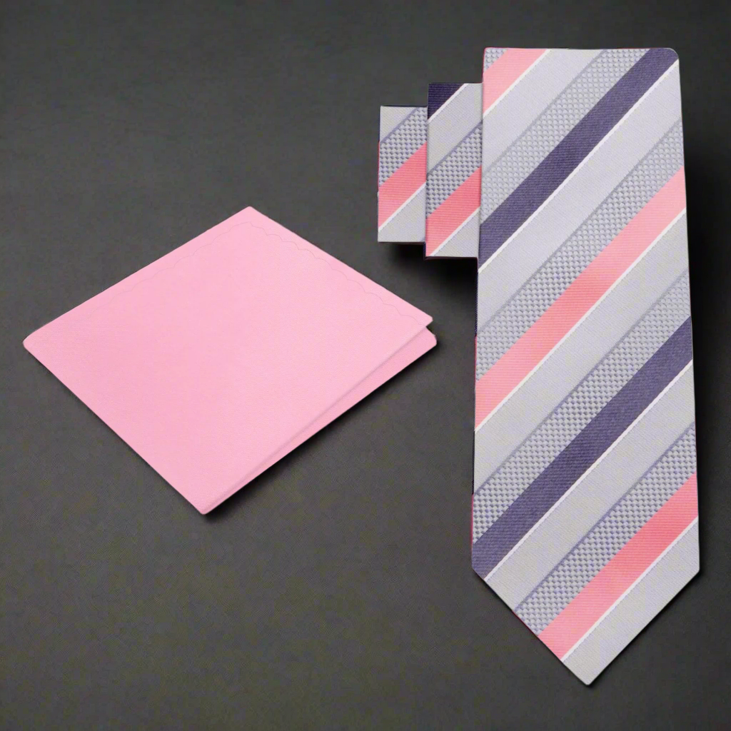 Pink pocket square and grey and pink striped tie 