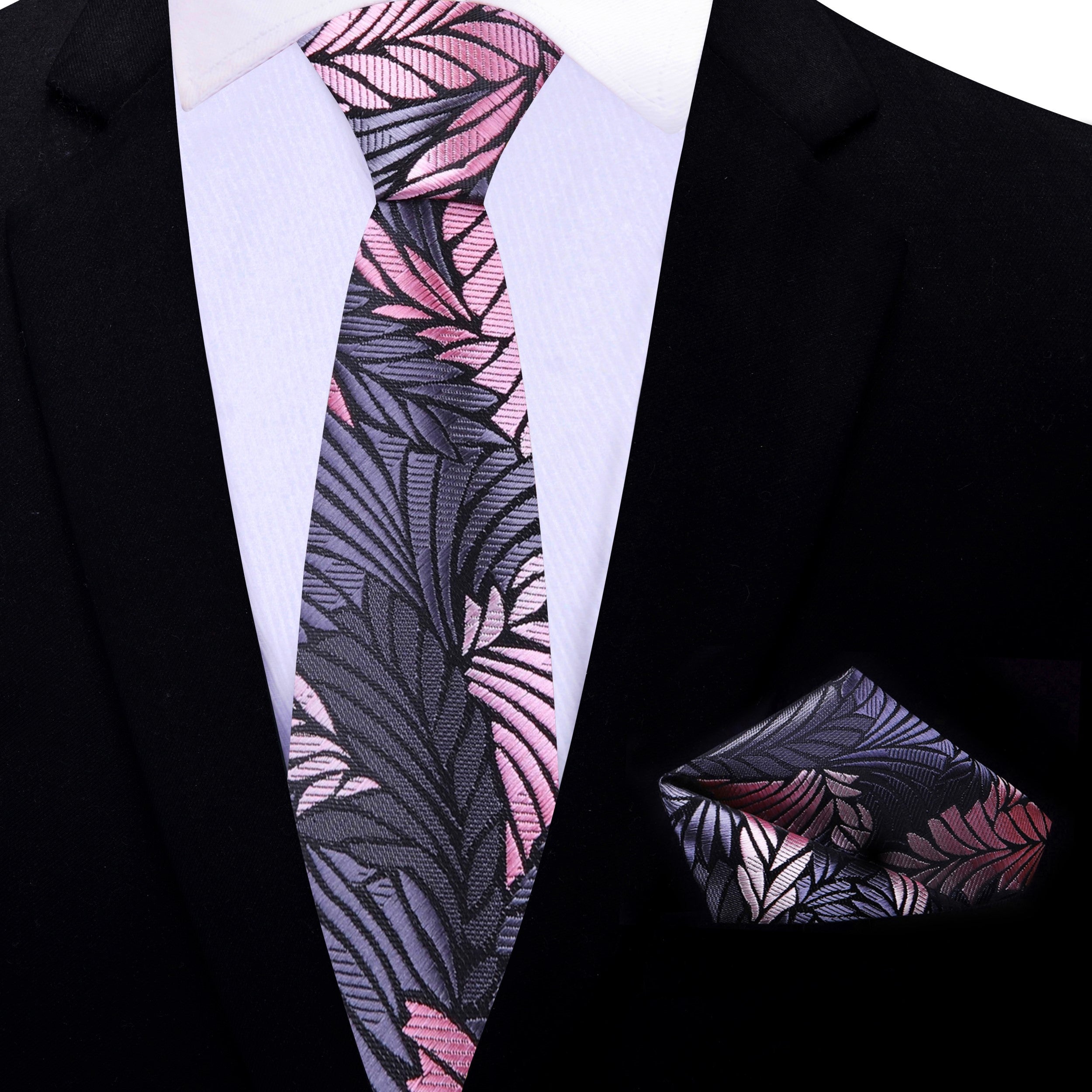 Black and Pink Botanical Leaf Men's Necktie with Pocket Square Options Necktie & Accenting Square / XL (63