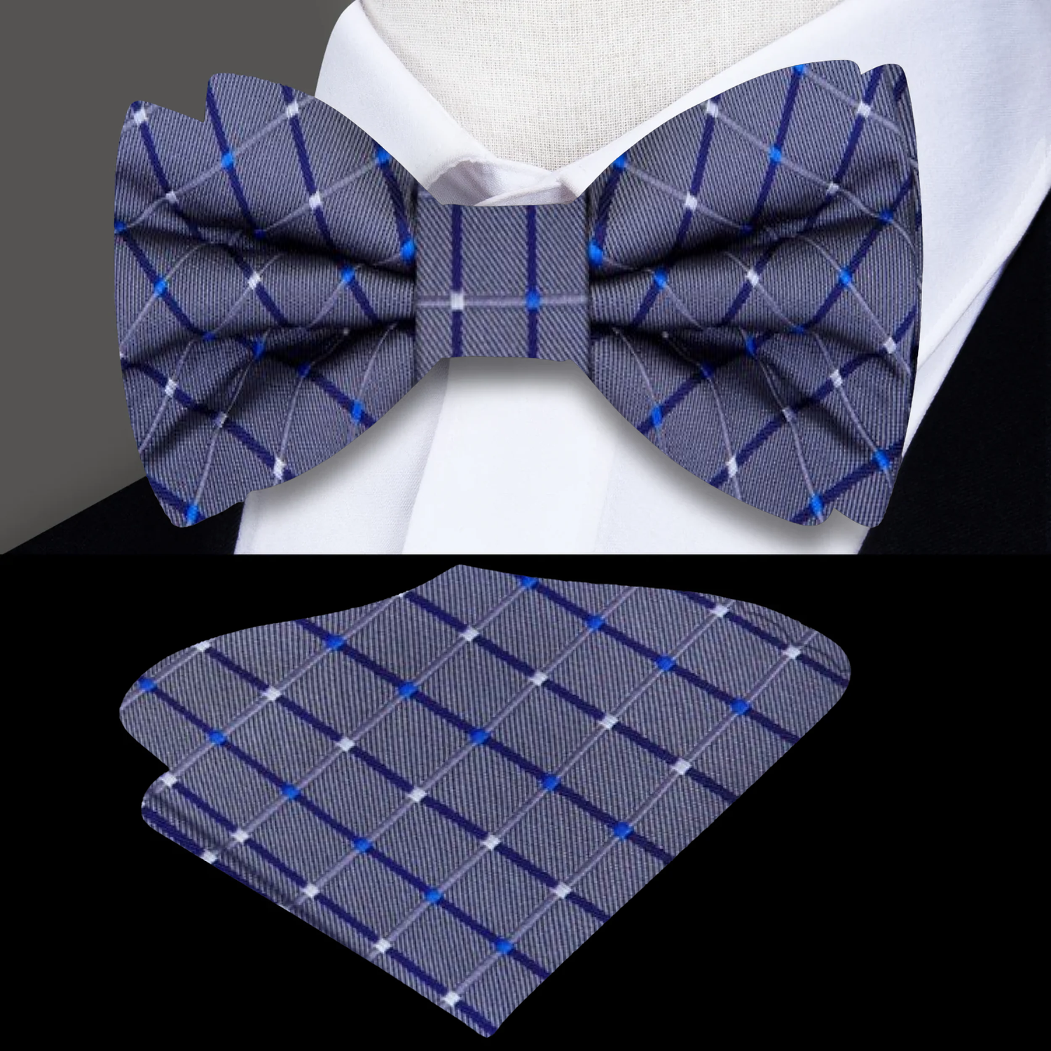 Grey Check Bow Tie and Pocket Square||Grey