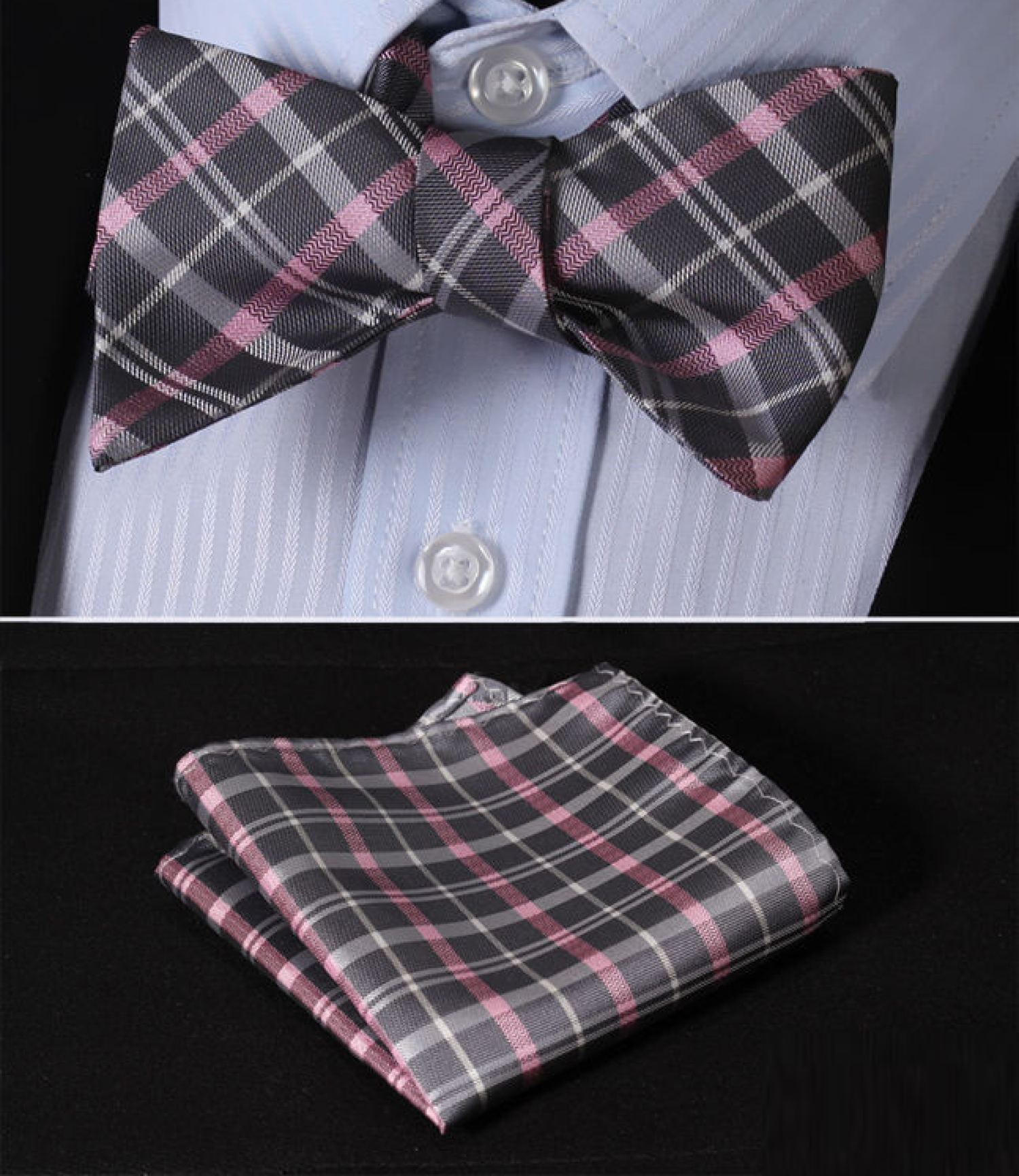 Main View: Grey, Pink Plaid Bow Tie and Pocket Square||Grey, Pink
