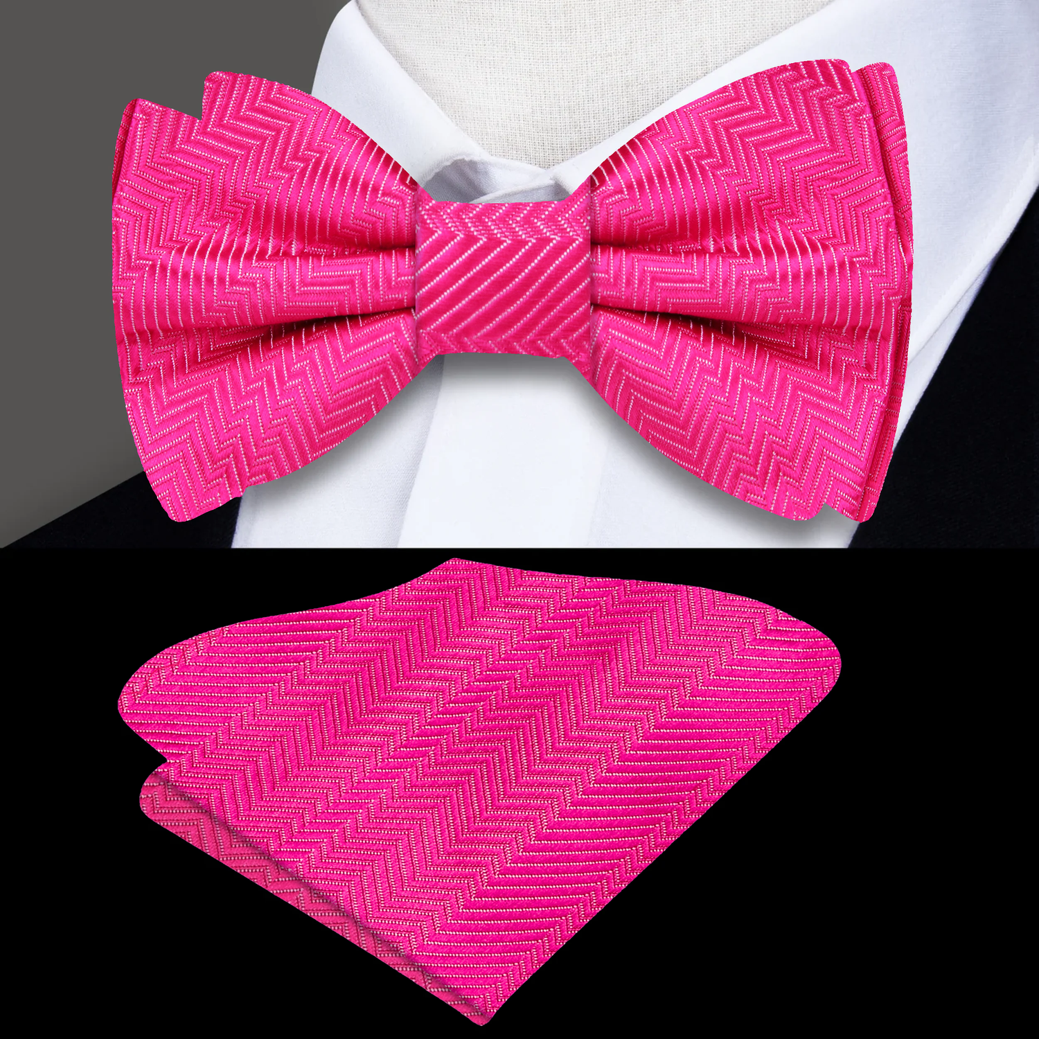 Main View: A Gumball Pink Solid Pattern Self Tie Bow Tie, Matching Pocket Square