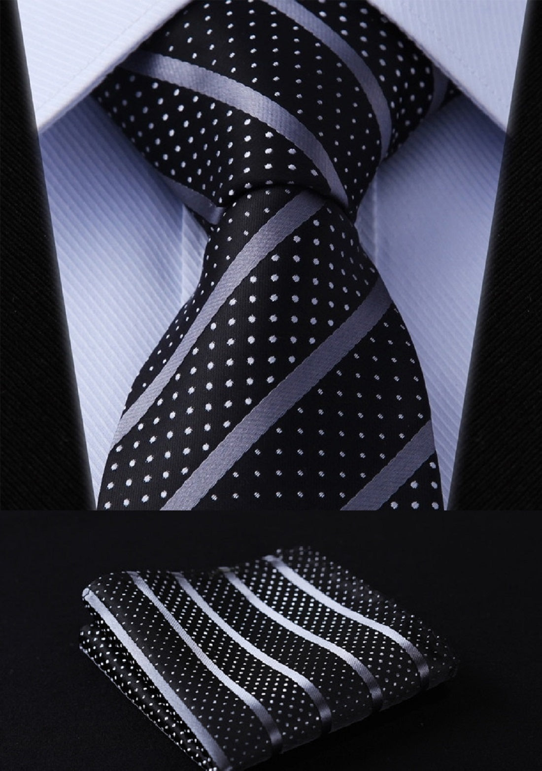 A Black Silk Background With Silver Stripes And White Dots Necktie With Matching Pocket Square