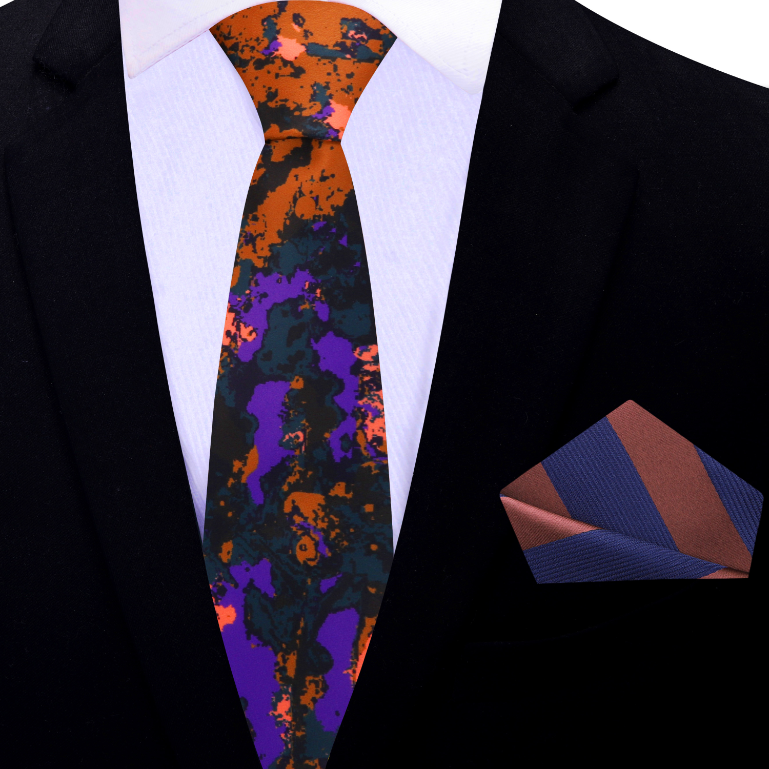 Thin Orange, Purple Inkblot Tie and Accenting Square