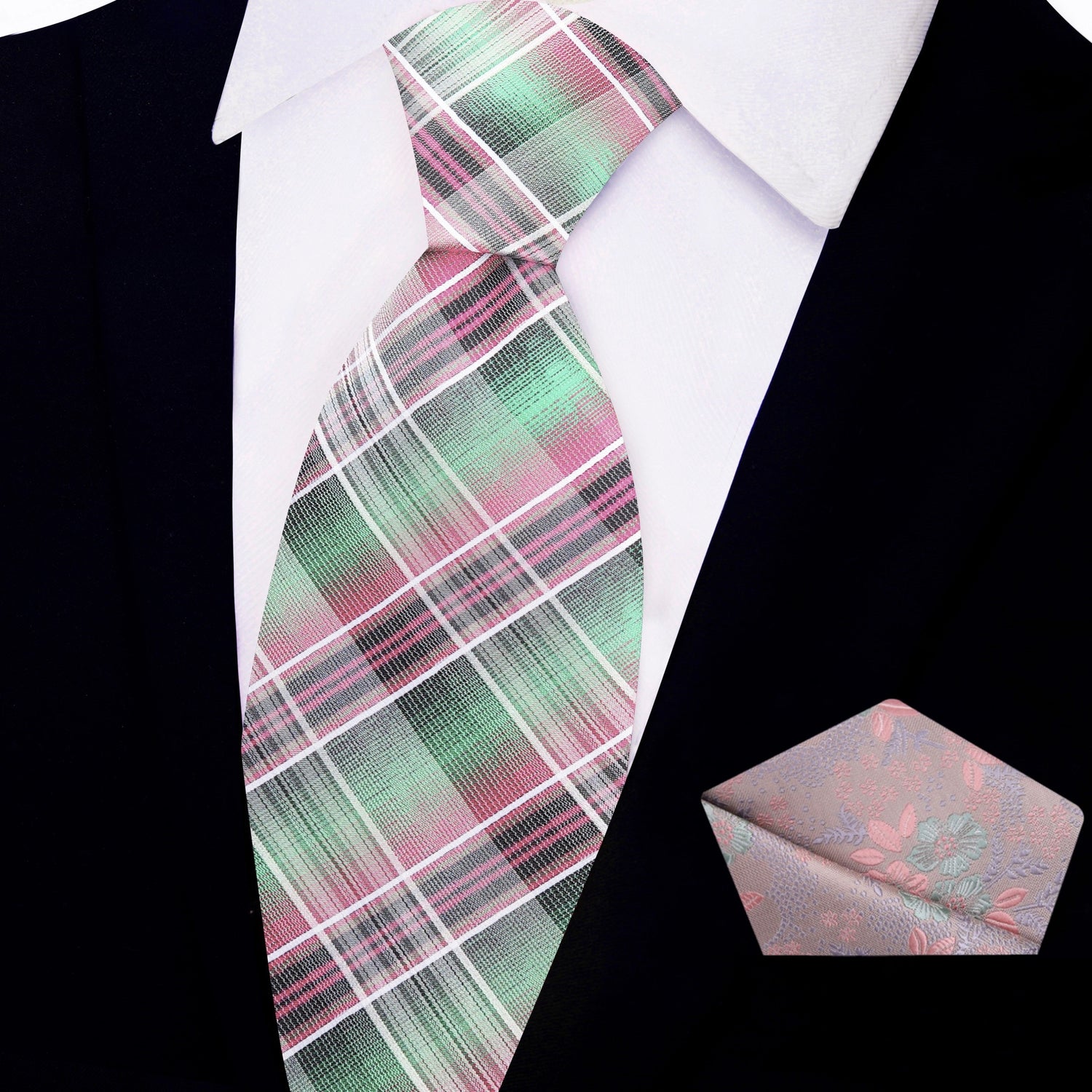 View 2:  Green, Pink and White Plaid Necktie and Accenting Floral Square