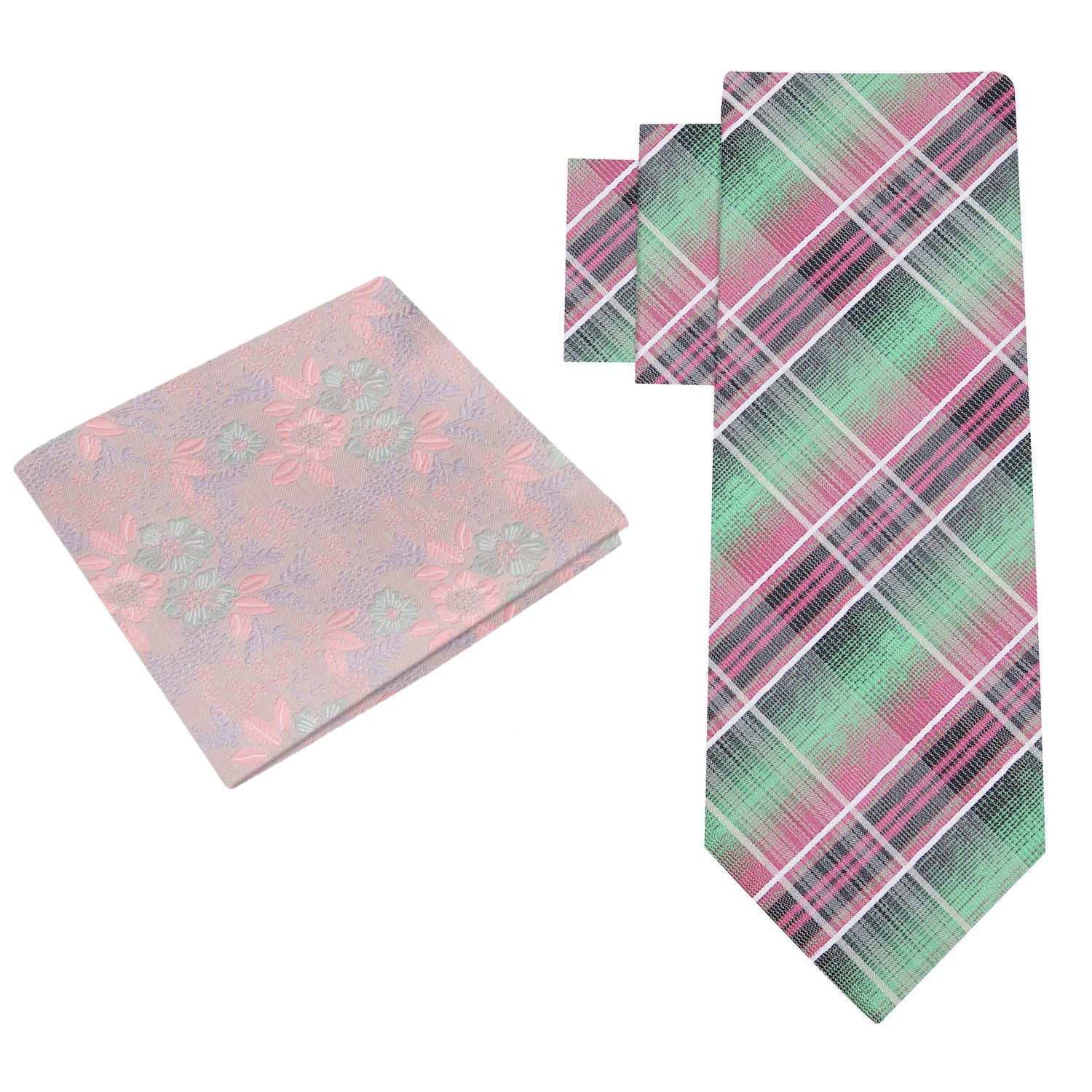 Alt View:  Green, Pink and White Plaid Necktie and Accenting Floral Square