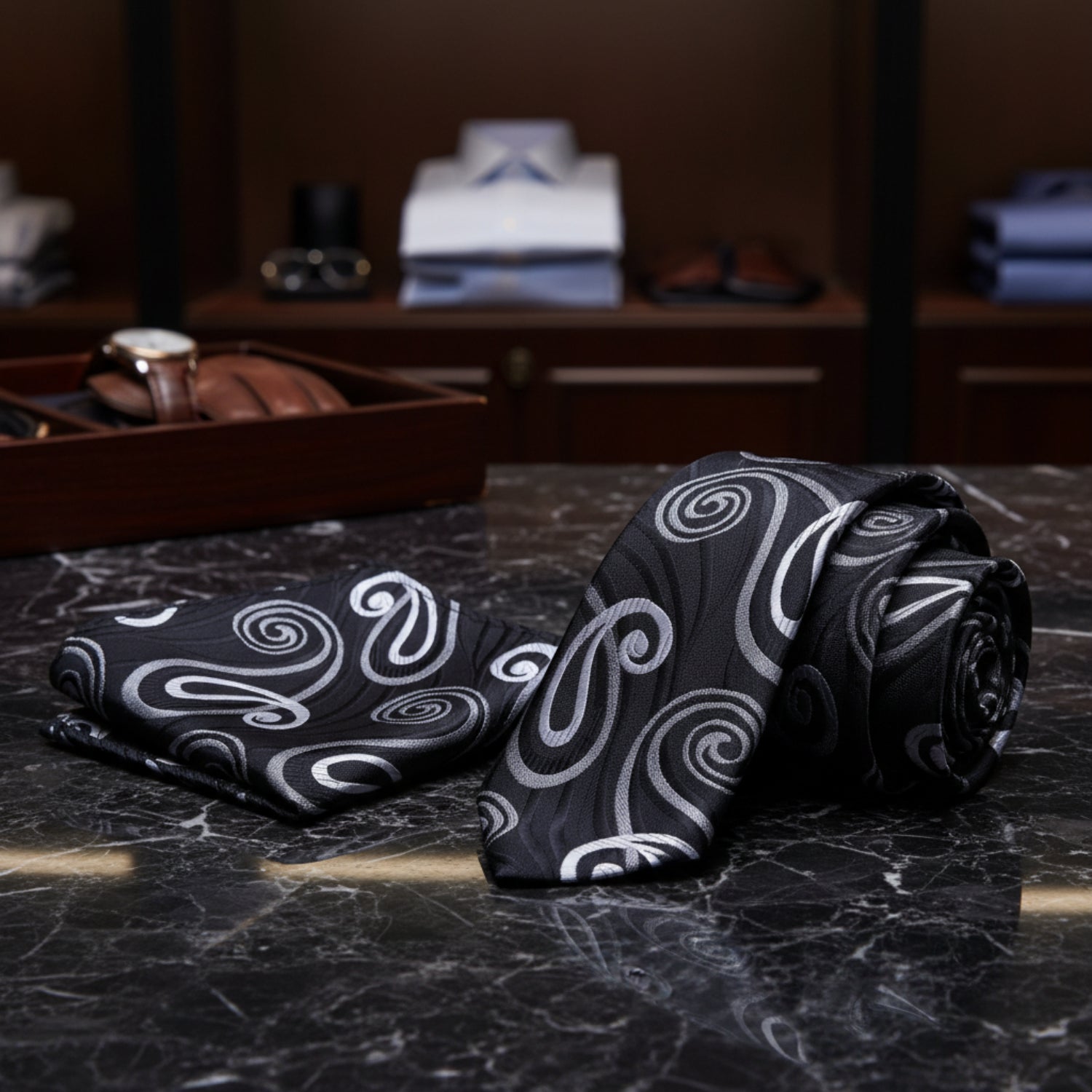 A necktie and matching pocket square set, both featuring a black base with a white and gray swirling paisley pattern
