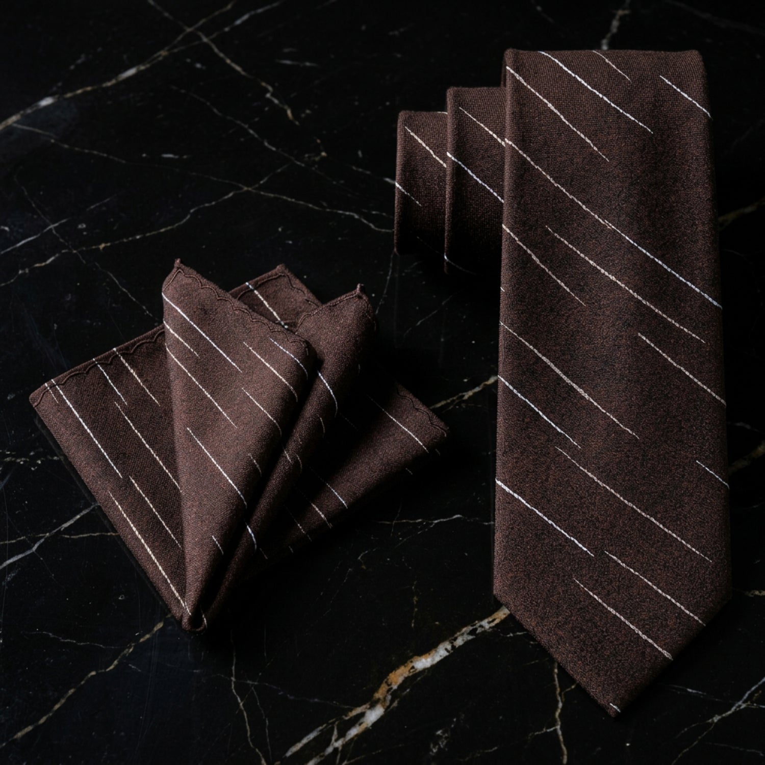 Brown white streak tie and square