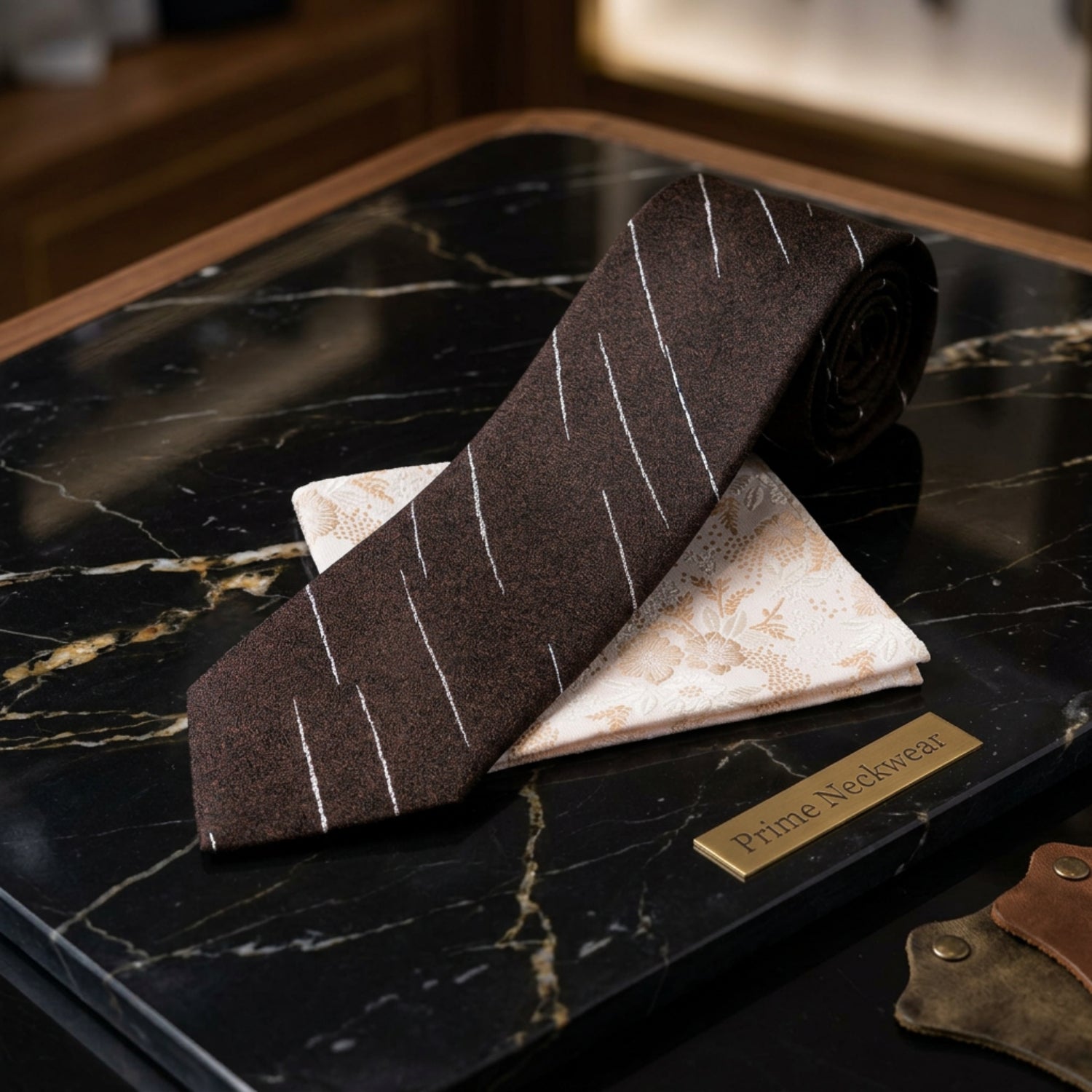 Brown white streak tie and accenting square