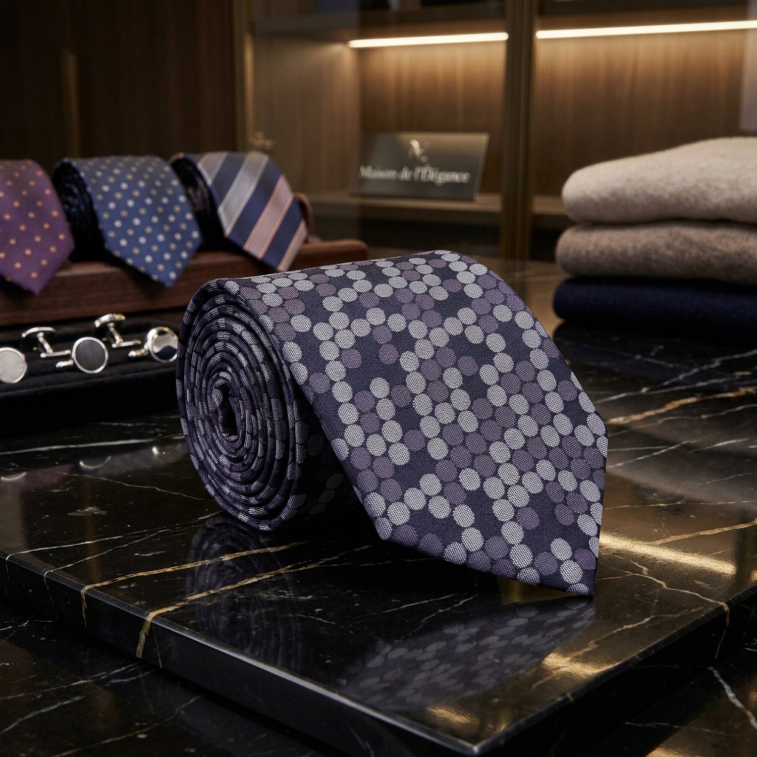 A rolled necktie featuring a geometric pattern of interlocking circles in shades of purple and gray on a dark navy background, isolated on a white background.