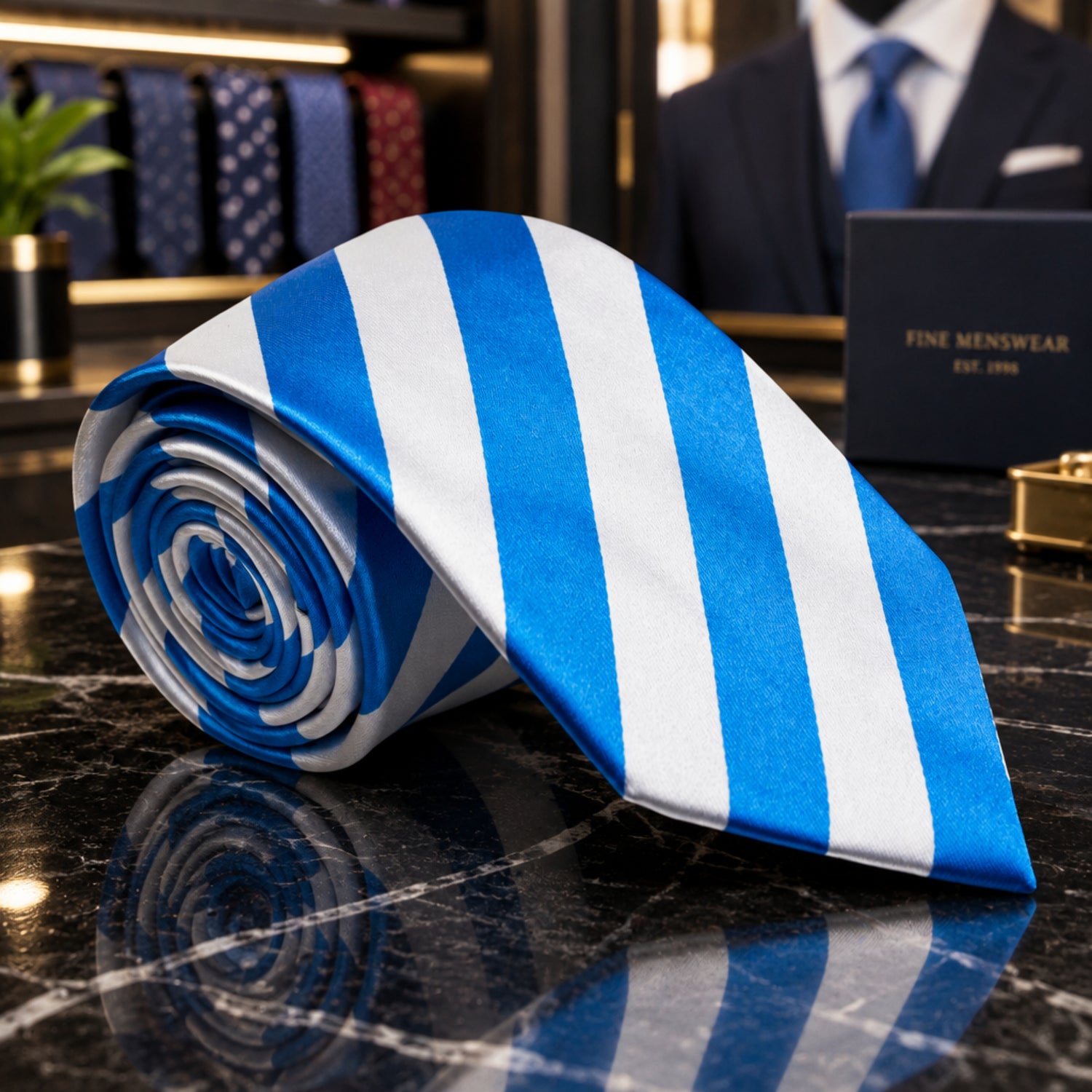 Rolled blue and white striped tie on a dark surface with blurred red flowers in the background