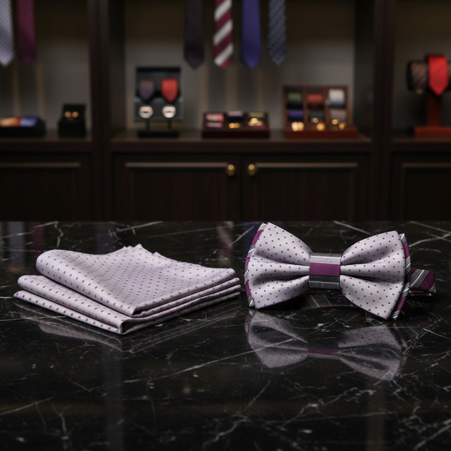 A matching men's formal accessory set featuring a light gray bow tie and pocket square, both decorated with a small magenta polka dot pattern, displayed on a solid white background.