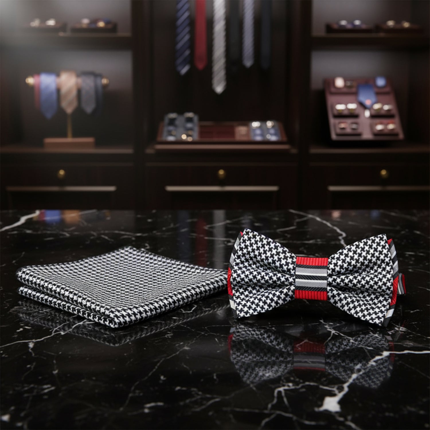A matching men's necktie and pocket square set with a black base, gold polka dots, and vertical gold stripe details, displayed on a polished black marble surface in a luxury watch or accessory boutique.