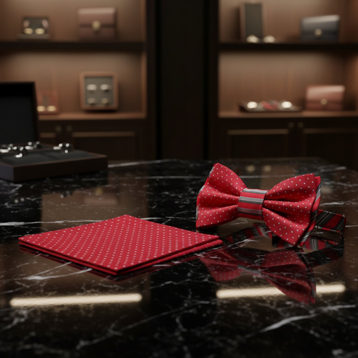 A red and white polka dot men's accessory set featuring a matching bow tie and pocket square, displayed on a black marble surface with a blurred luxury watch boutique background.