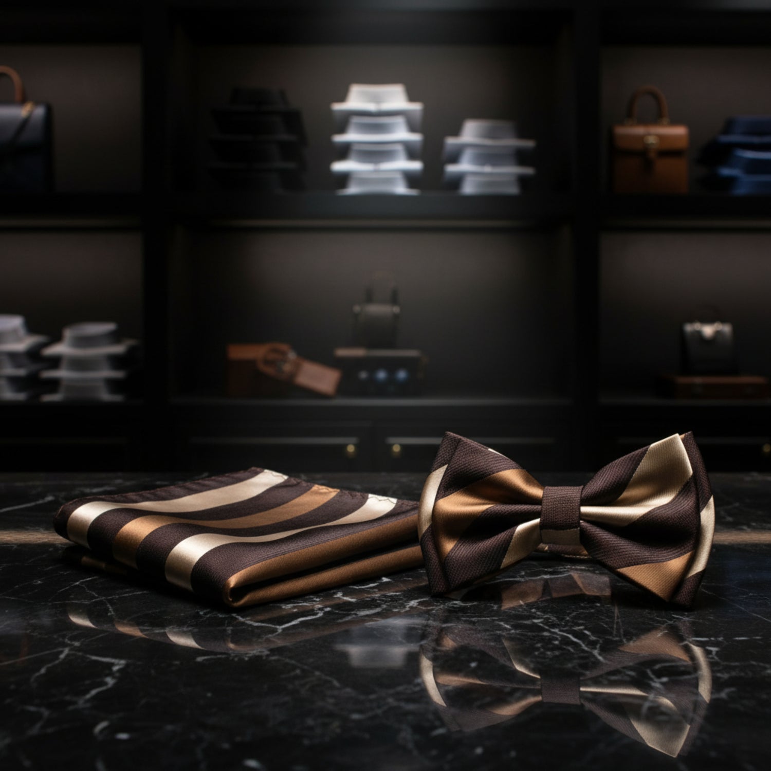 A matching men's formal accessory set featuring a striped silk pocket square and a matching striped pre-tied bow tie, displayed on a clean white background.