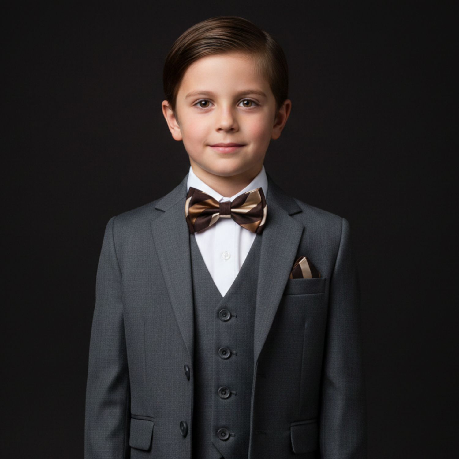 A young boy wearing a formal three-piece gray suit with a white dress shirt, a brown patterned bow tie, and a matching pocket square, set against a solid black background.