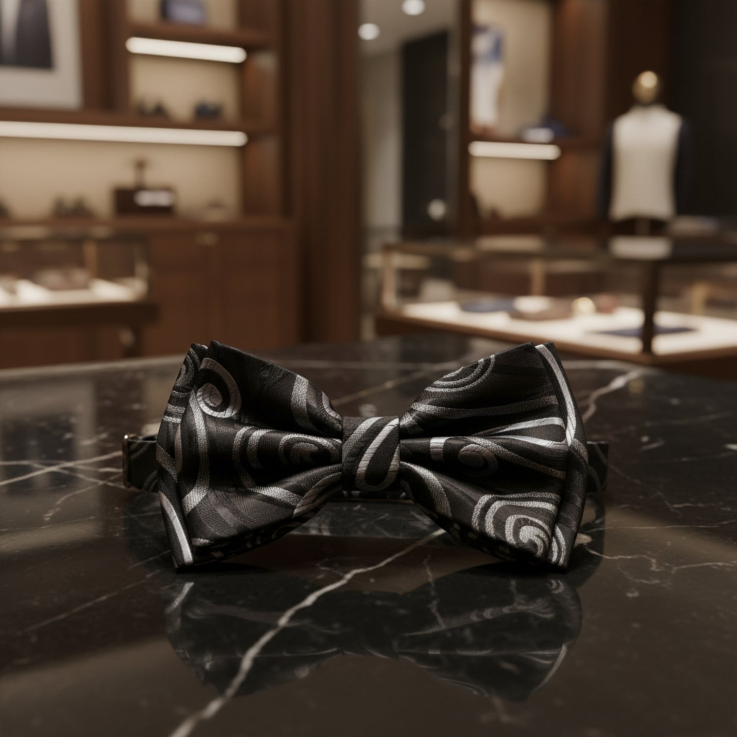 A pre-tied bow tie with a black satin base and a swirling abstract pattern in white and gray
