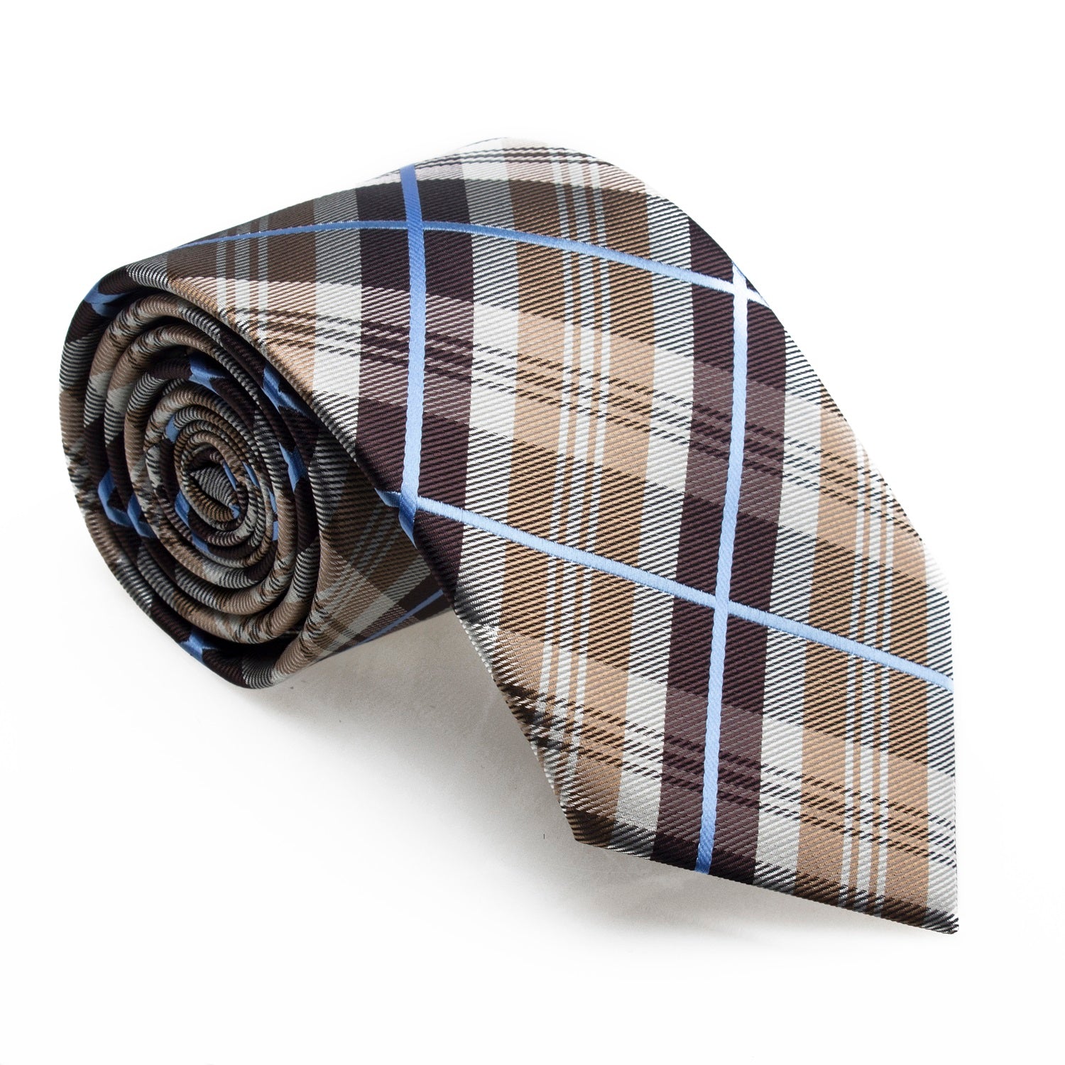 A Light Brown, Black, Light Blue Plaid Pattern Silk Necktie 