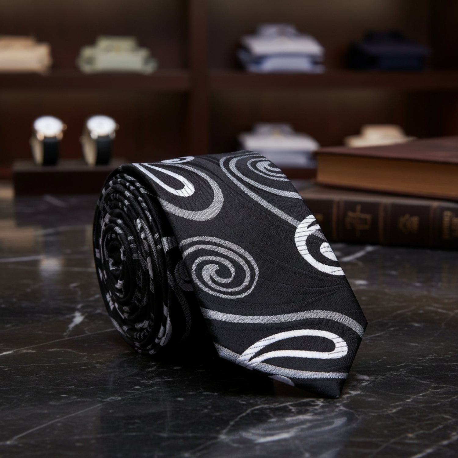 A rolled necktie with a black base and a white and gray swirling paisley pattern, shown on a plain white background.