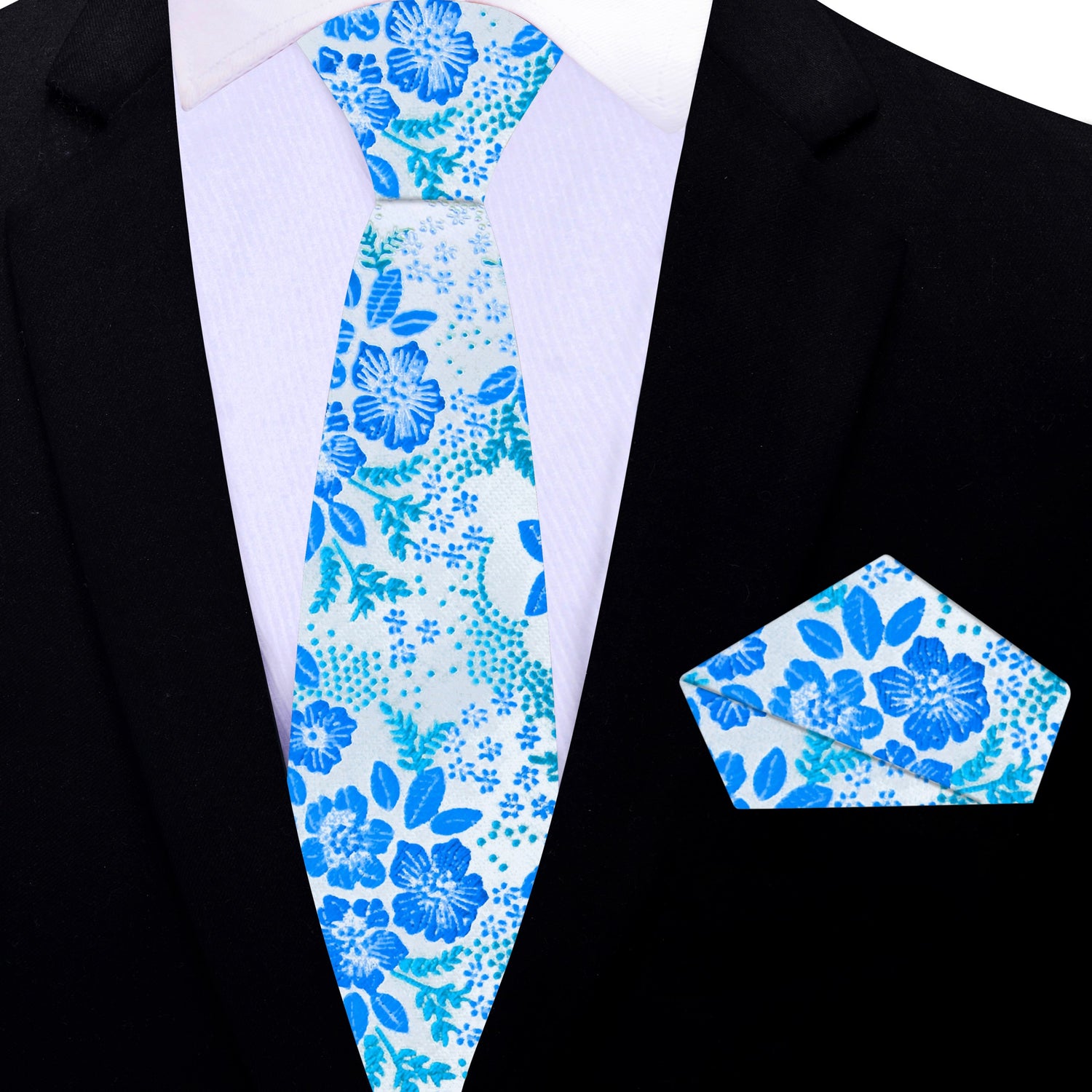 Thin Tie: Ice Blue, Light Blue Floral Necktie and Square