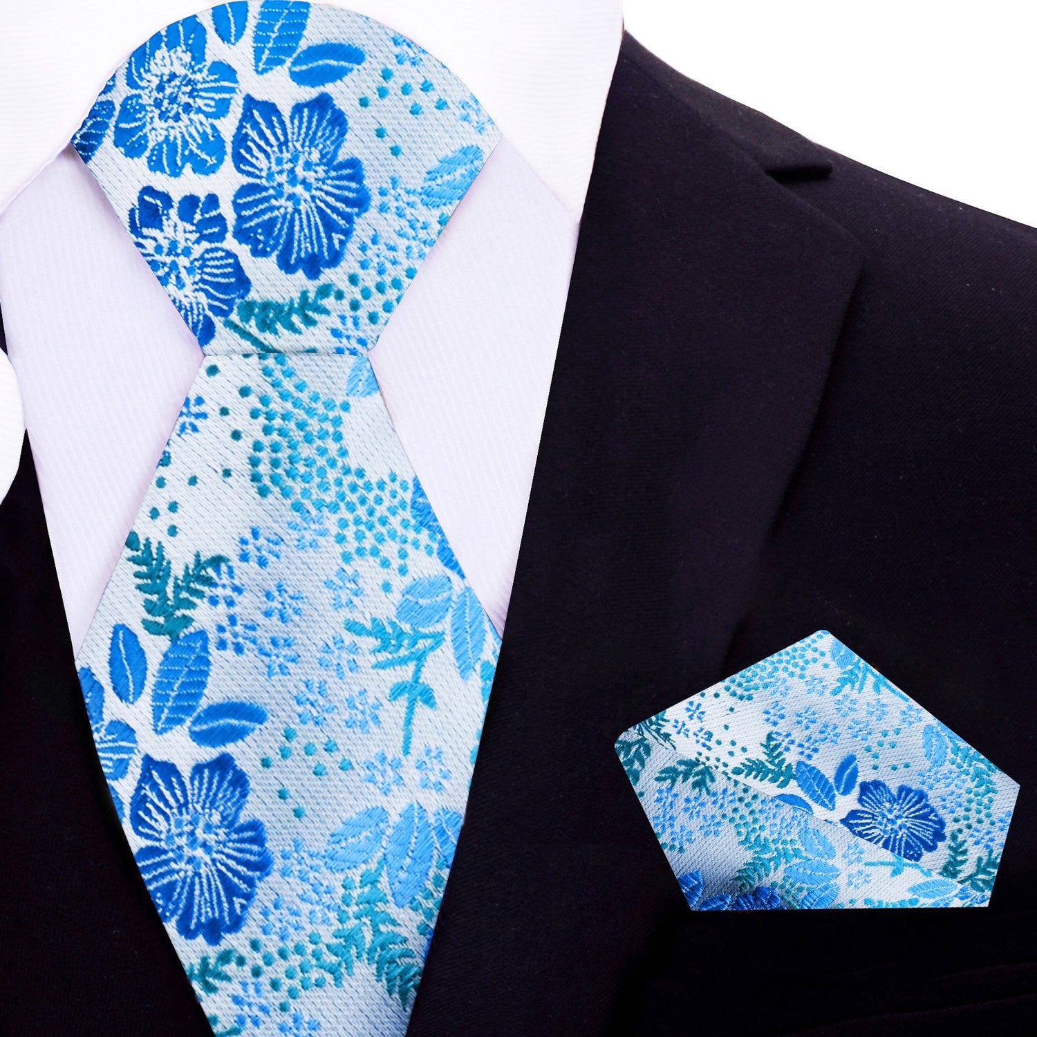Ice Blue, Light Blue Floral Necktie and Square