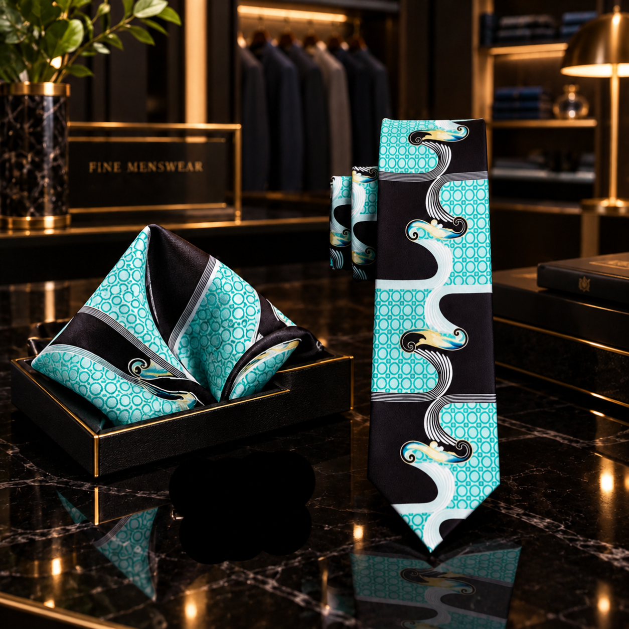 Thin tie Ice Black Abstract Waves Tie and Pocket Square||Ice