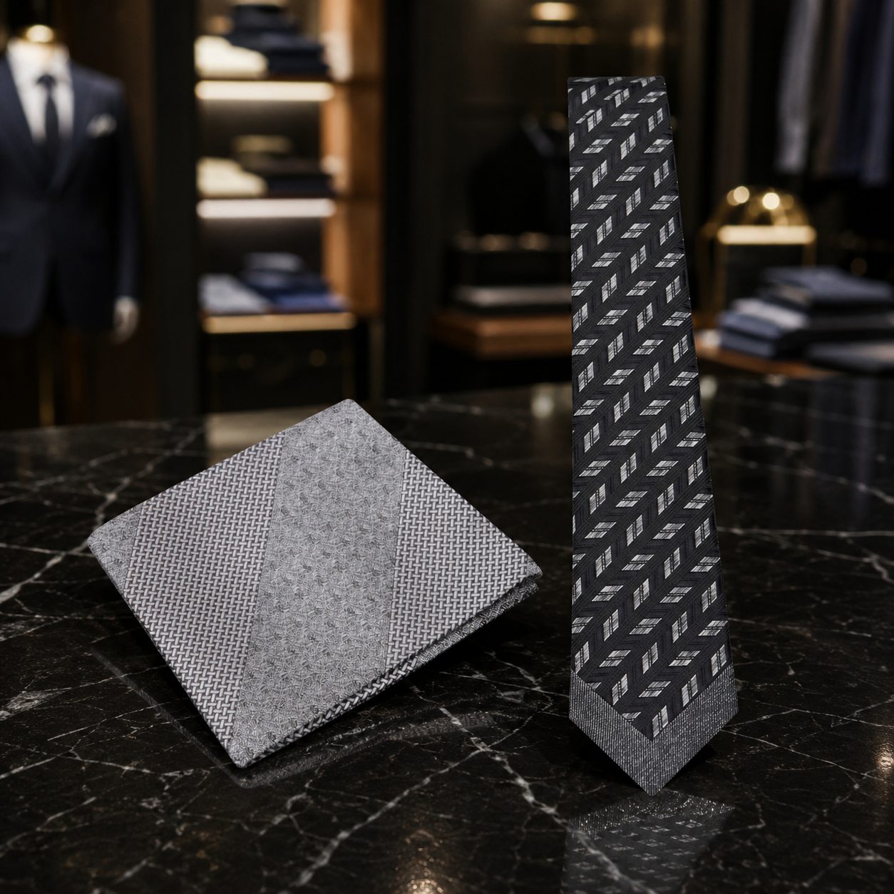 A men's necktie and matching pocket square set displayed on a dark marble surface in a luxury clothing store. The pocket square features a textured gray and white geometric pattern, while the necktie has a black base with a repeating white geometric logo pattern.