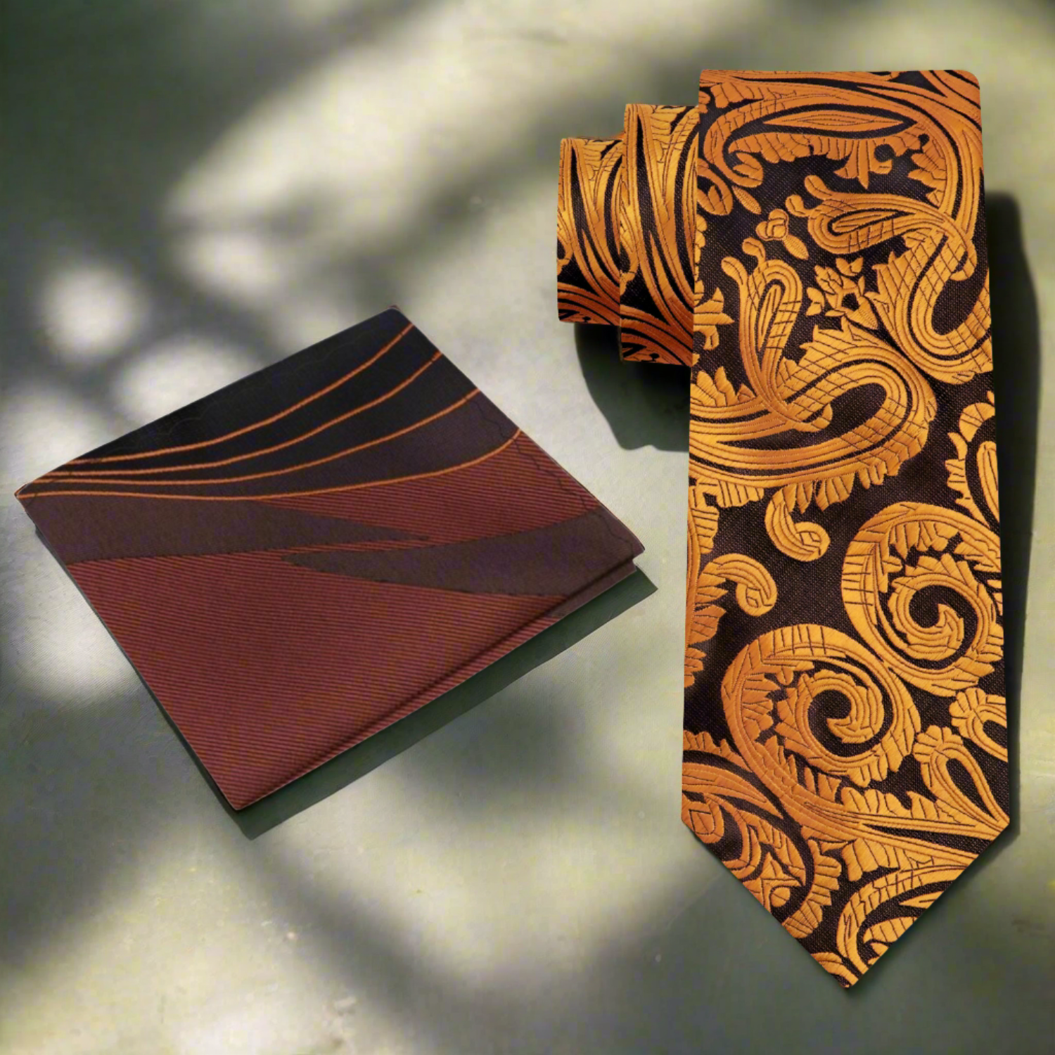 Brown and Gold Paisley Necktie and Accenting Square