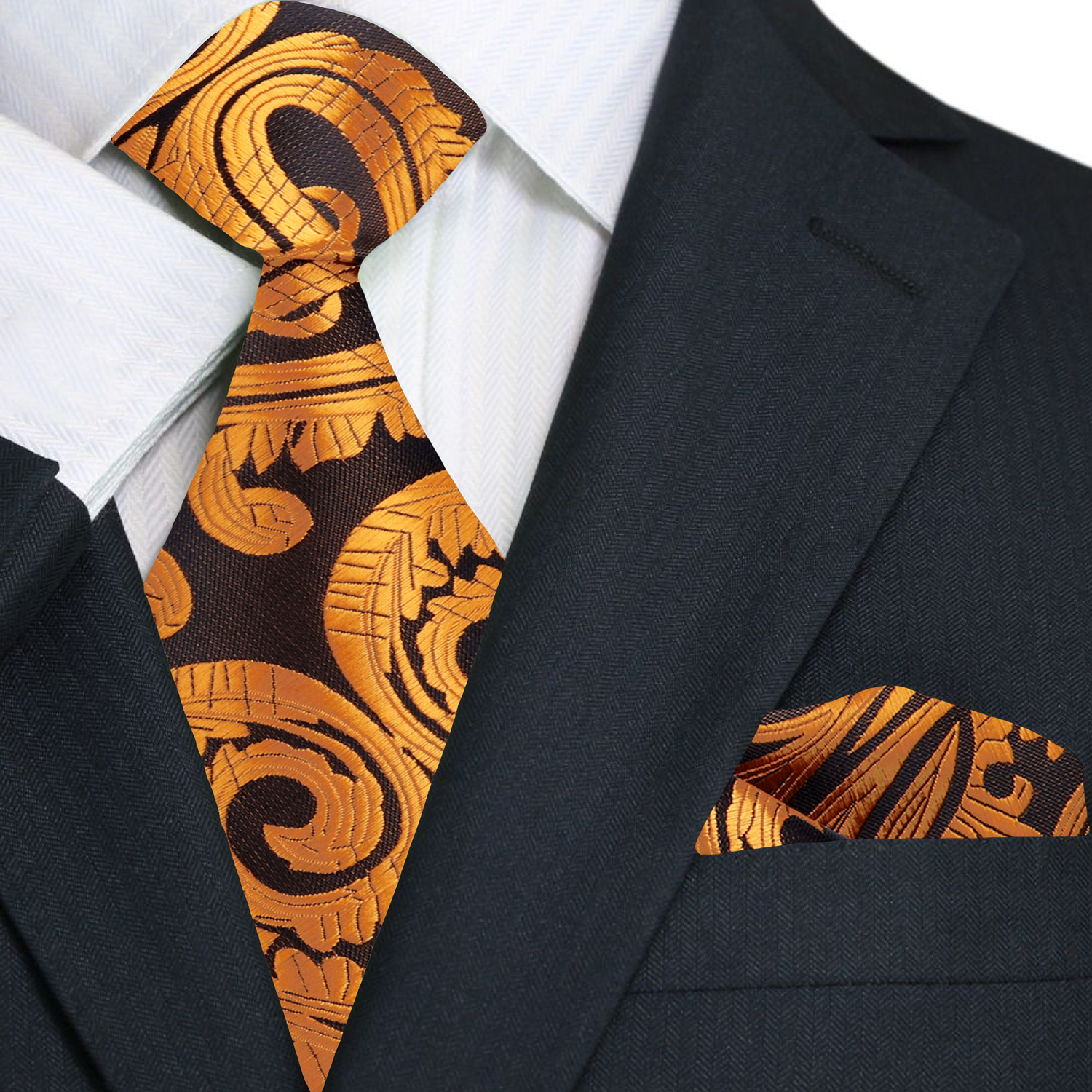 Premium Inca Gold, Rich Brown Paisley Tie and Pocket Square