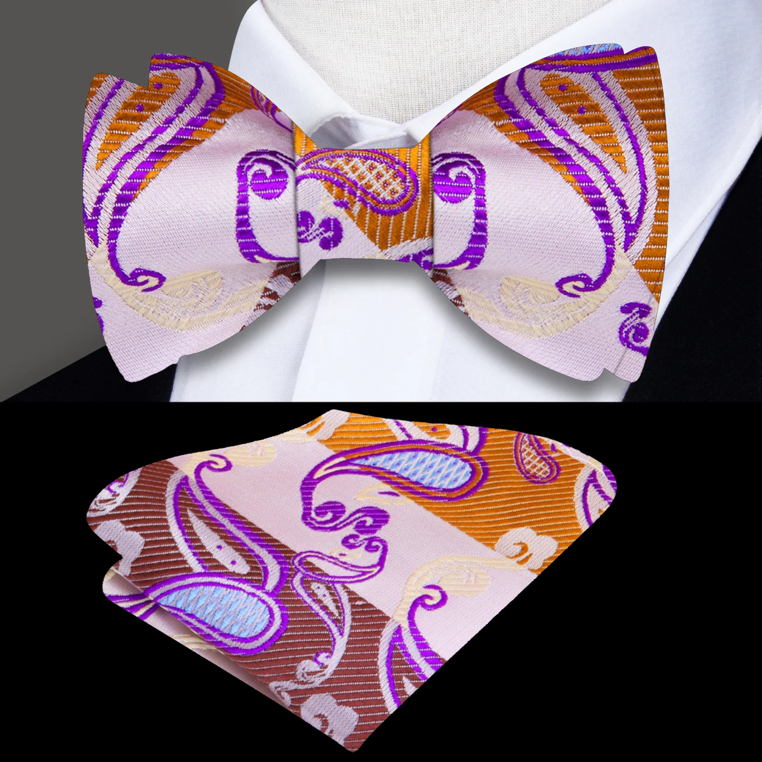 Ivory Powder, Purple, Blue Paisley Bow Tie and Pocket Square