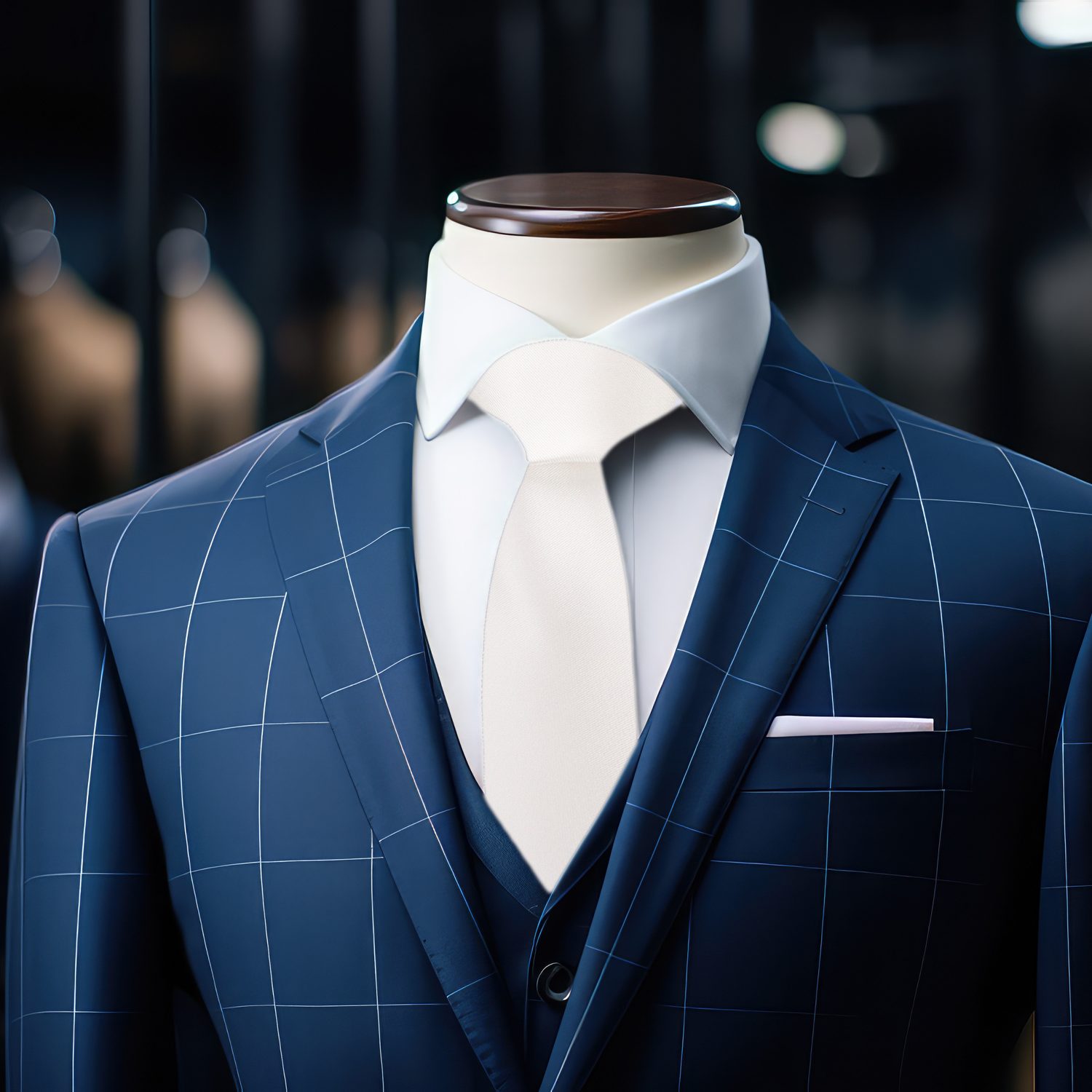Ivory White Necktie on Blue Suit