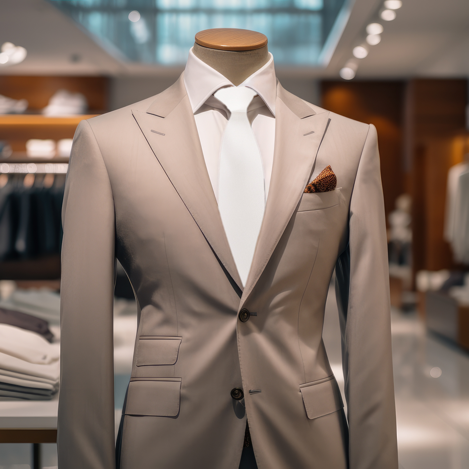 Ivory White Necktie on Brown Suit