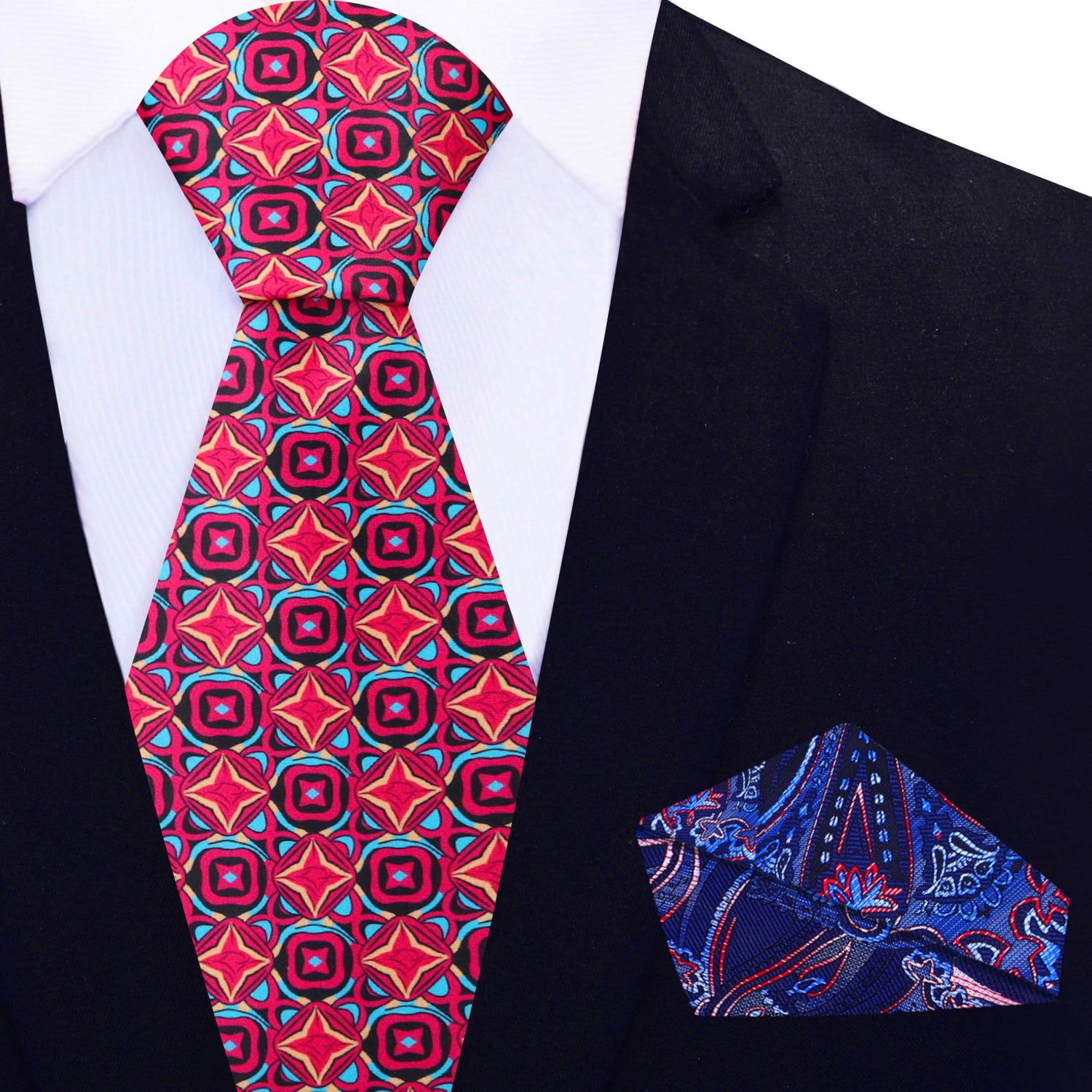 View 2: Red, Orange, Light Blue, Black Medallions Necktie and Blue, Red Paisley Square