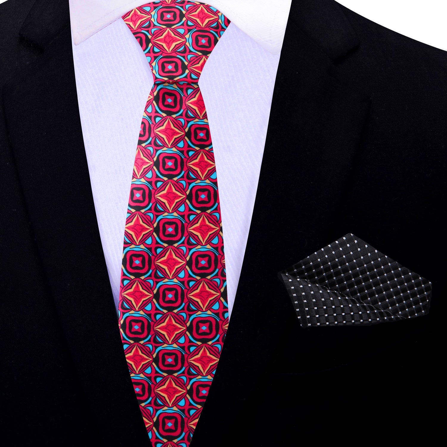 Thin Tie: Red, Orange, Light Blue, Black Medallions Necktie and Black, White Square