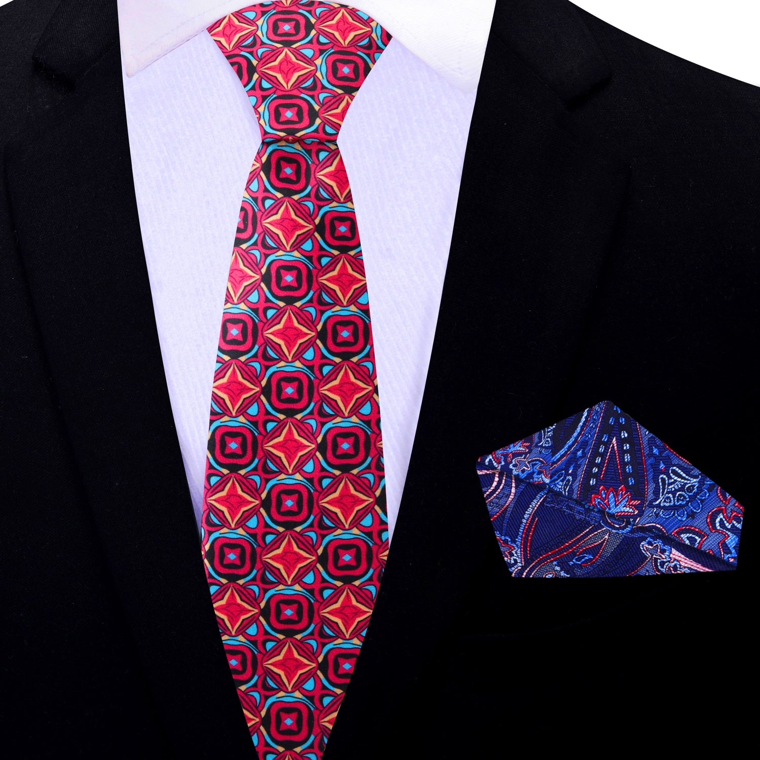 Thin Tie: Red, Orange, Light Blue, Black Medallions Necktie and Blue, Red Paisley Square