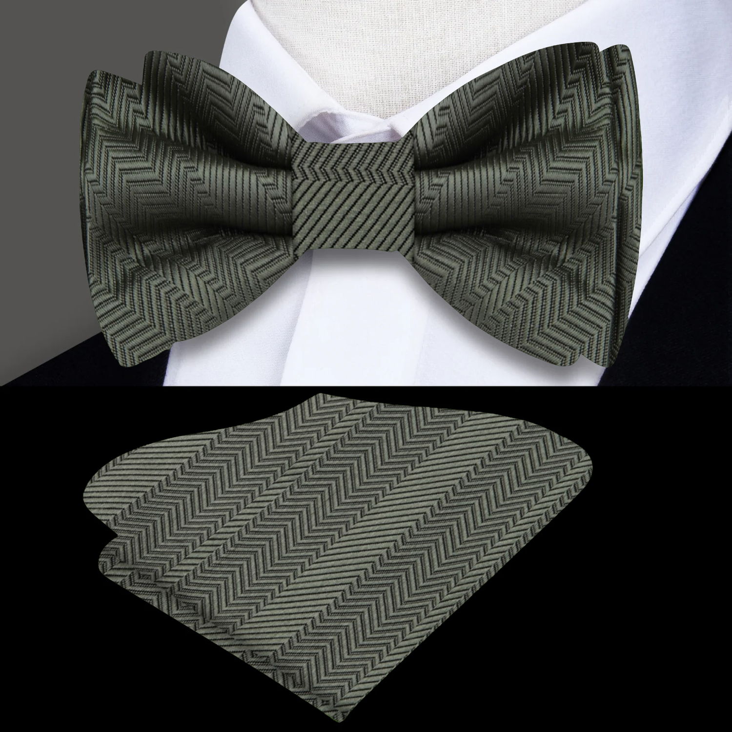 main: A Solid Juniper Green Pattern Silk Self Tie Bow Tie, Matching Pocket Square