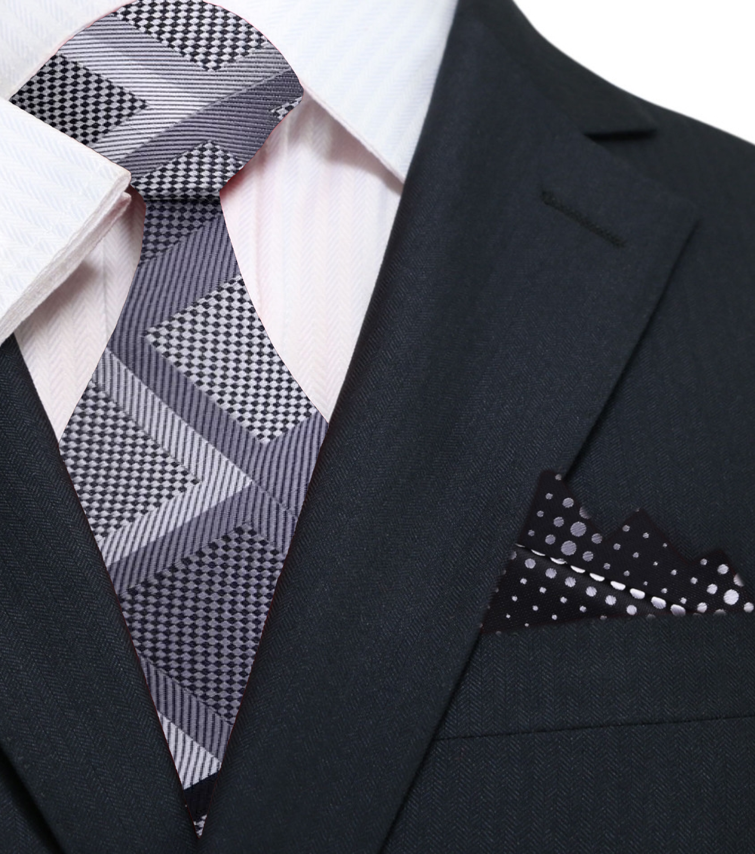 Grey Black Geometric King Tut Diamonds Tie and Black Silver Dots Square