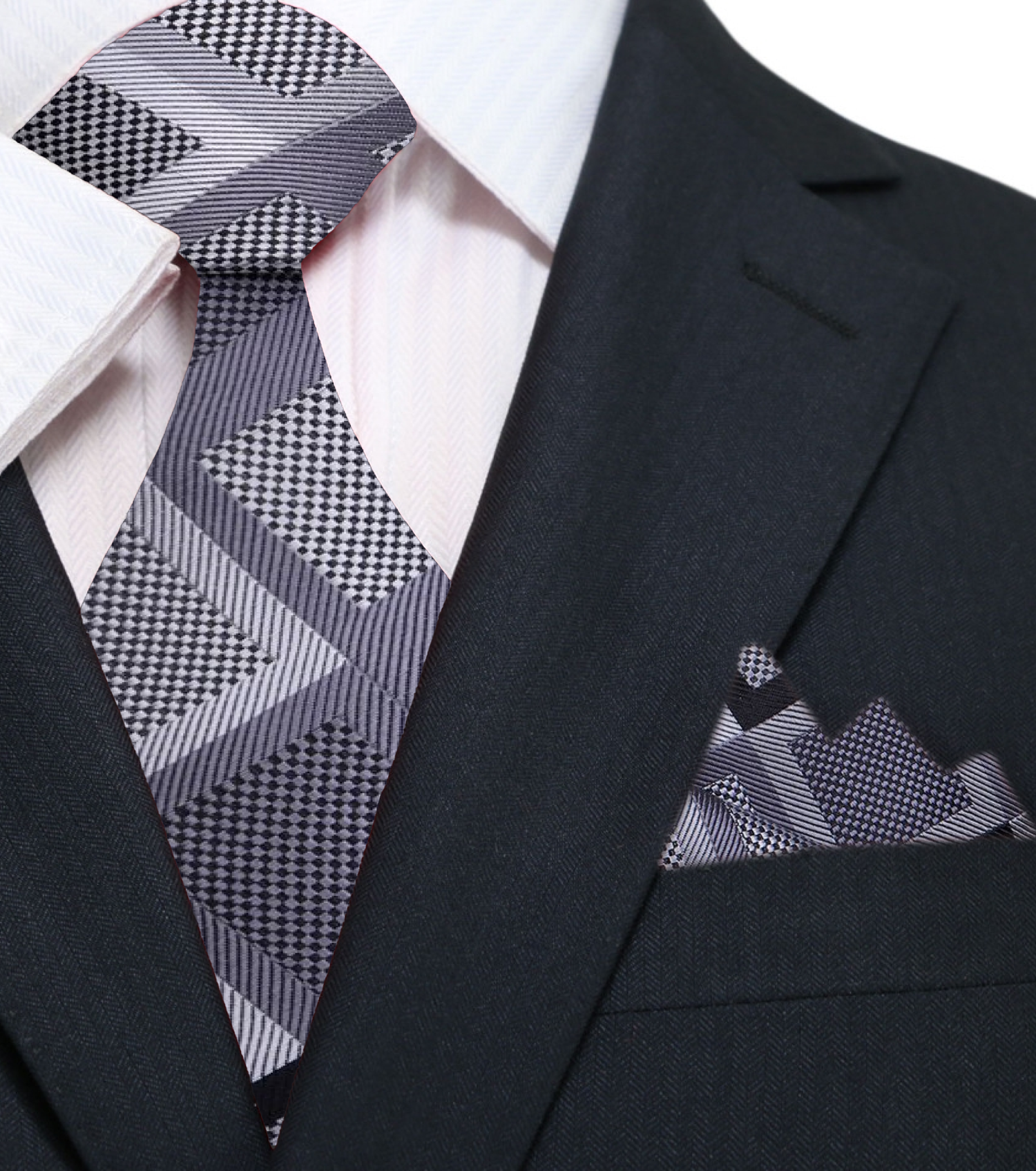 A Grey, Black Large Diamond Pattern Silk Necktie, Matching Pocket Square||Dark Grey, Black