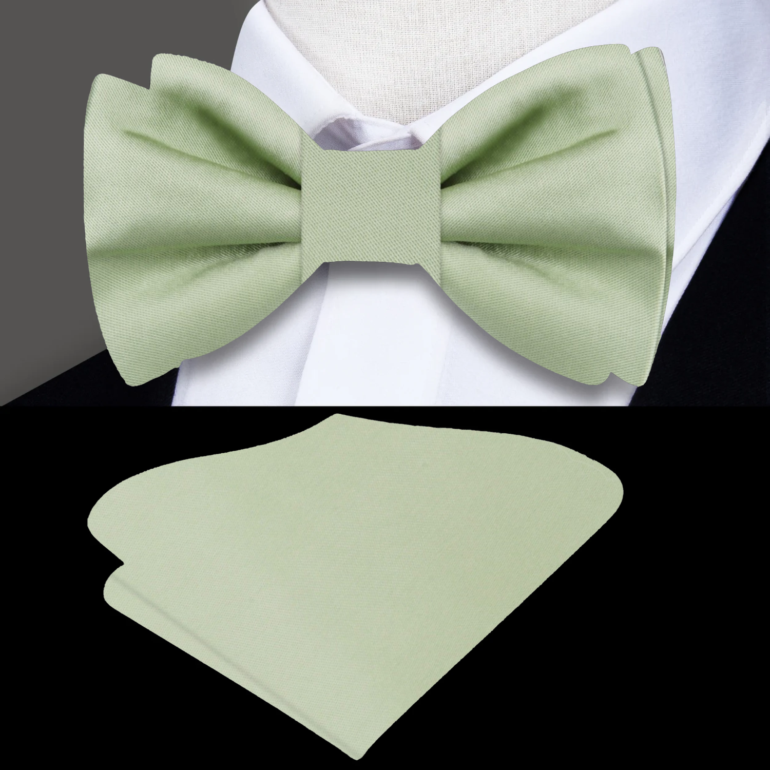 Solid Glossy Laurel Green Silk Bow Tie and Pocket Square