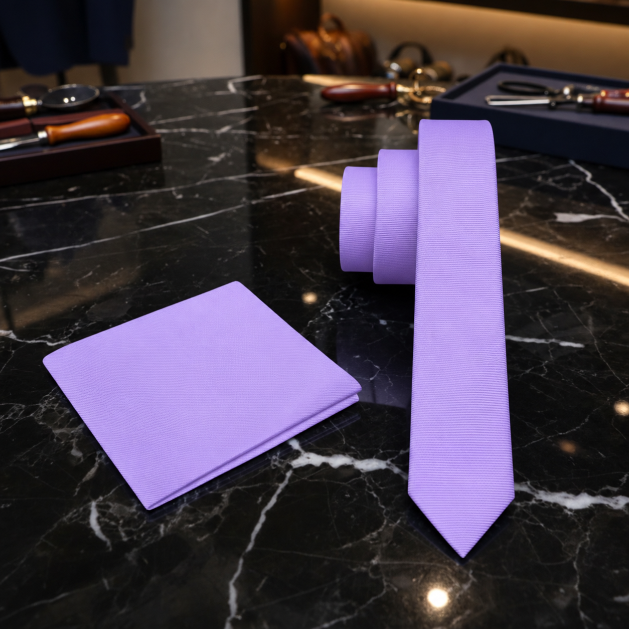 Soft Purple Thin Necktie and Matching Square