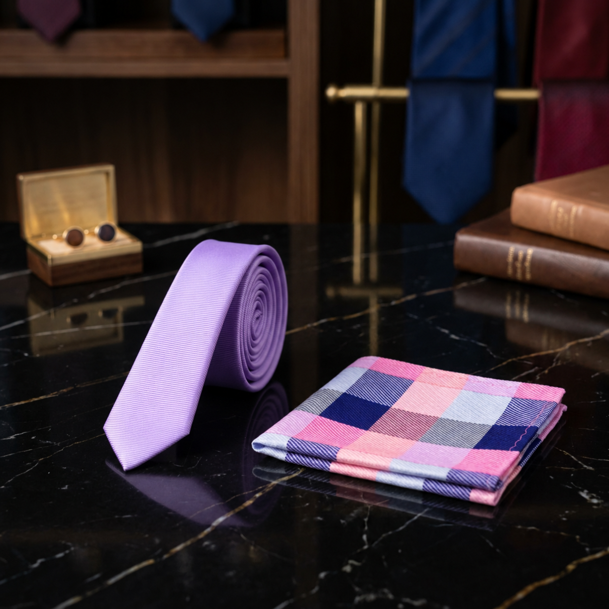 Thin Soft Purple Necktie and Accenting Pink Plaid Square