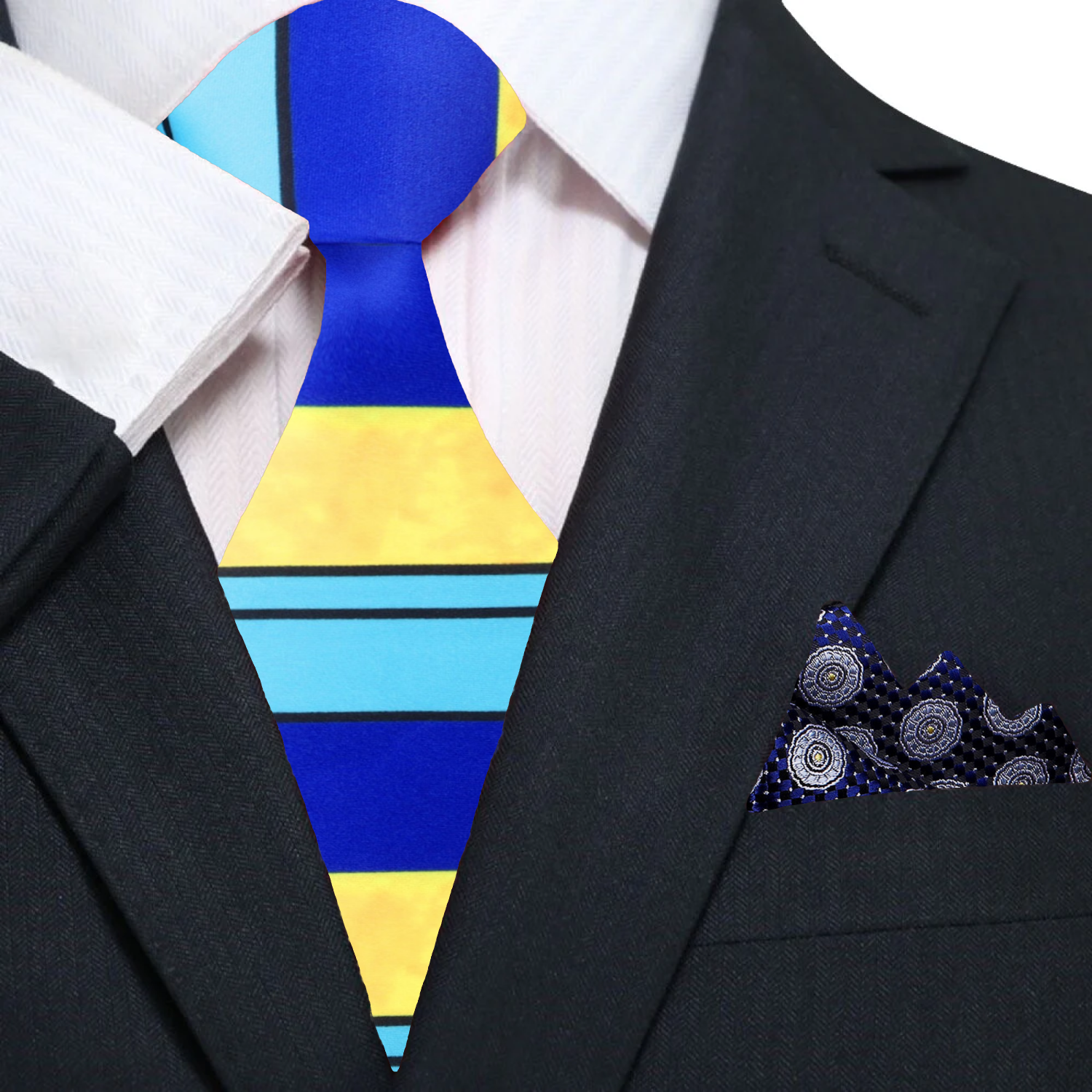 Blue, Light Blue, Yellow Stripe Tie and Accenting Pocket Square