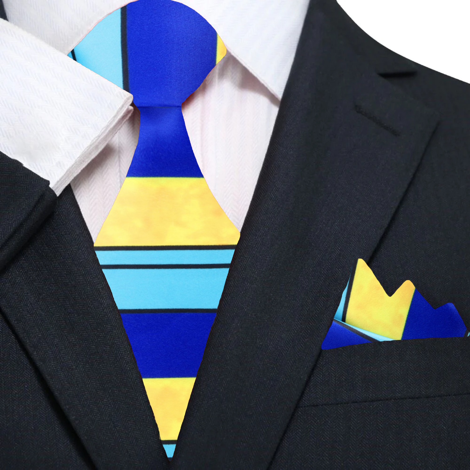 Main: Blue, Light Blue, Yellow Stripe Tie and Pocket Square