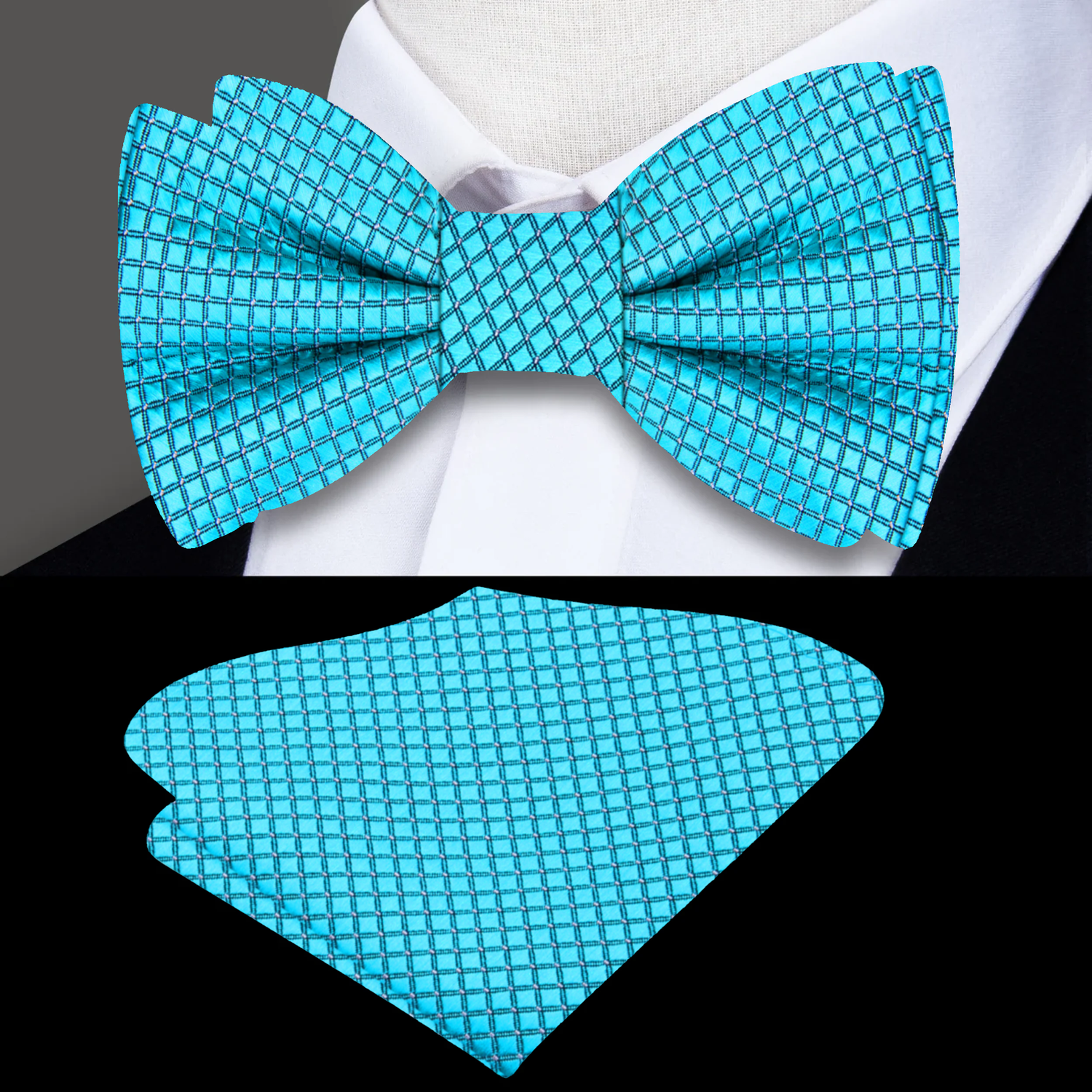 Main View: Teal with White Geometric Texture Bow Tie and Pocket Square