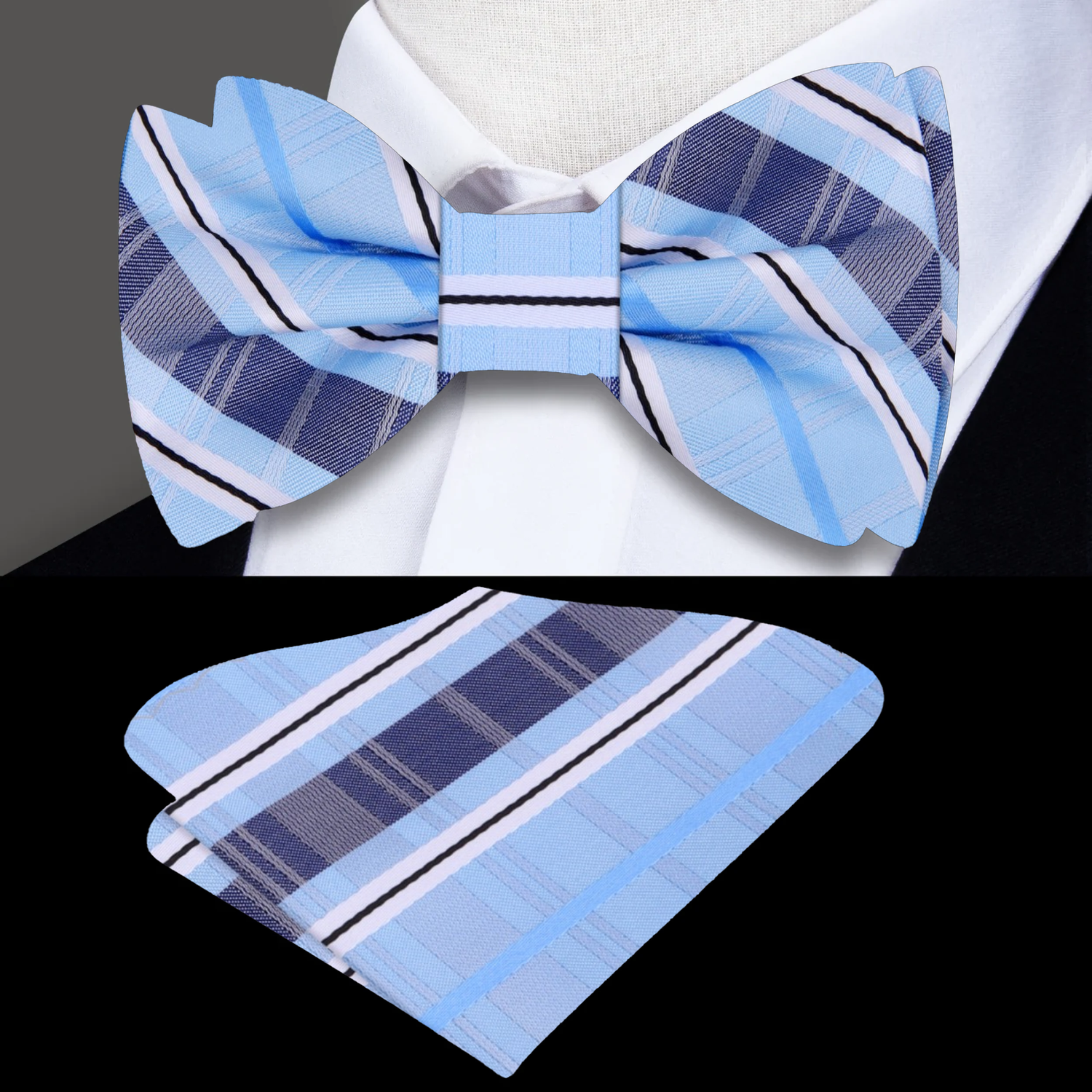 Light Blue, Dark Blue Plaid Tie And Pocket Square