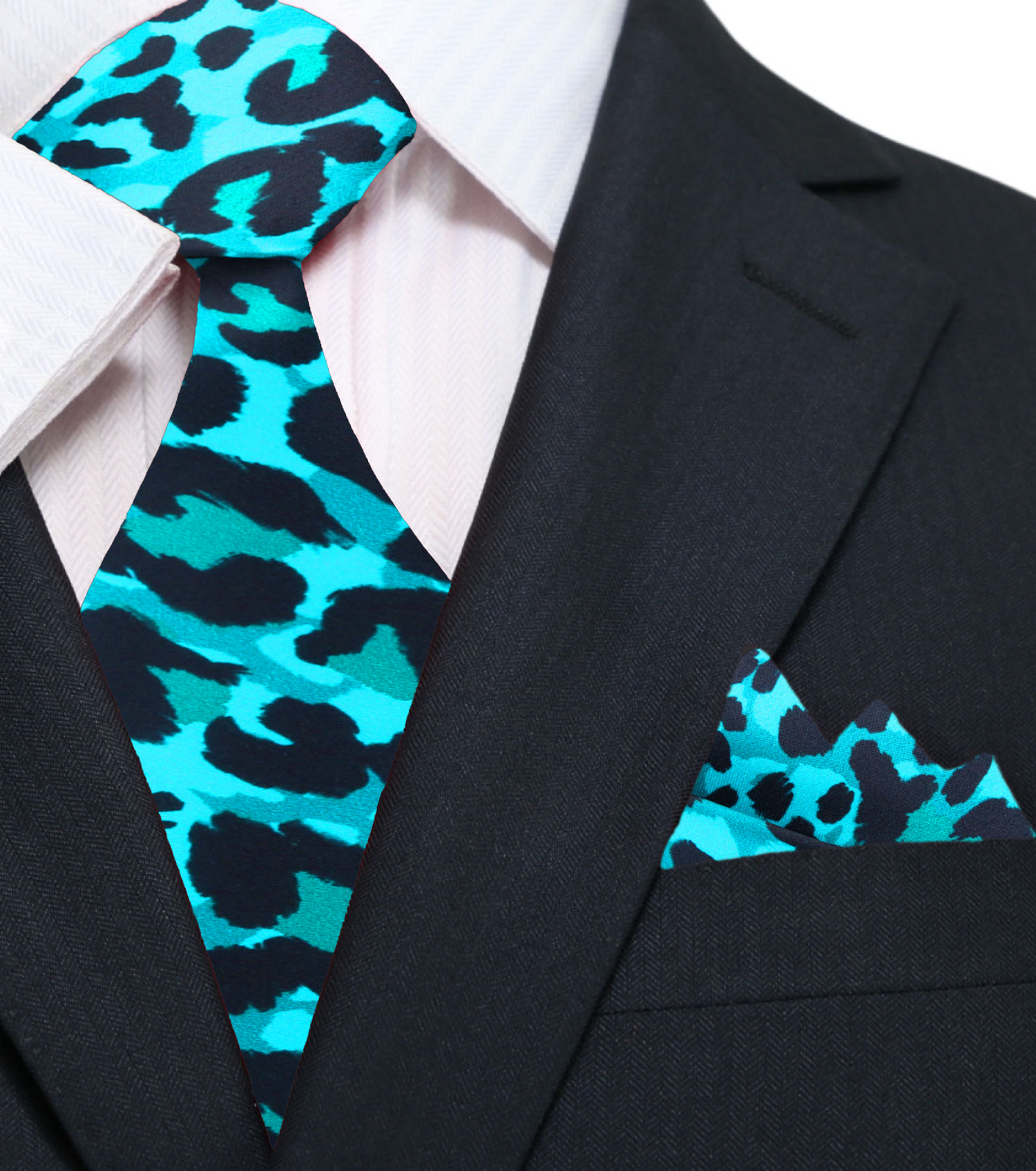 Light Blue, Black Cheetah Tie and Square||Light Blue